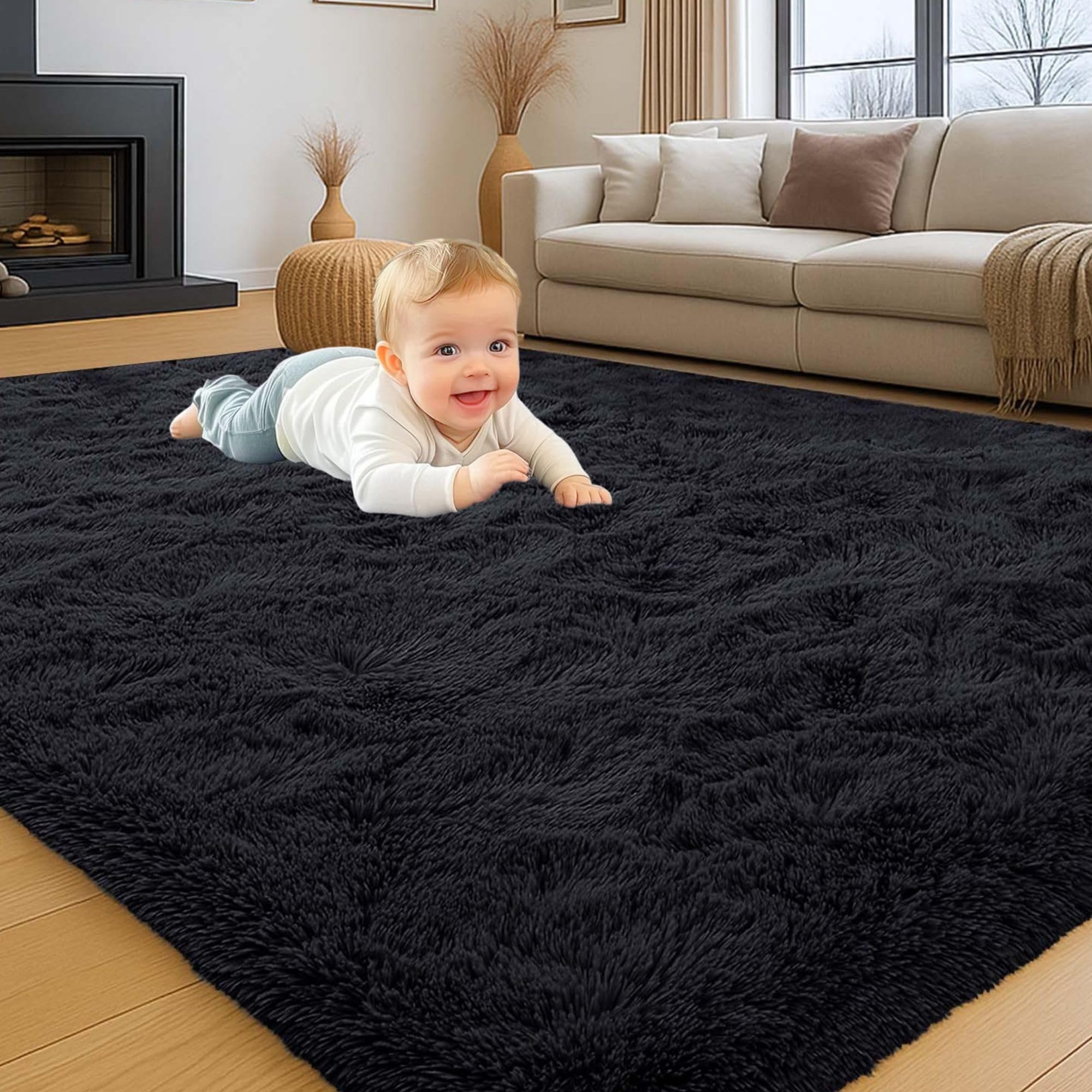 INSPIRE HOMEWARE Rugs Living Room Large 200x290 cm Soft Fluffy Black Area Rugs for Bedroom Non Shedding Modern Thick Pile Carpet for Lounge Nursery Rug for Kids Room