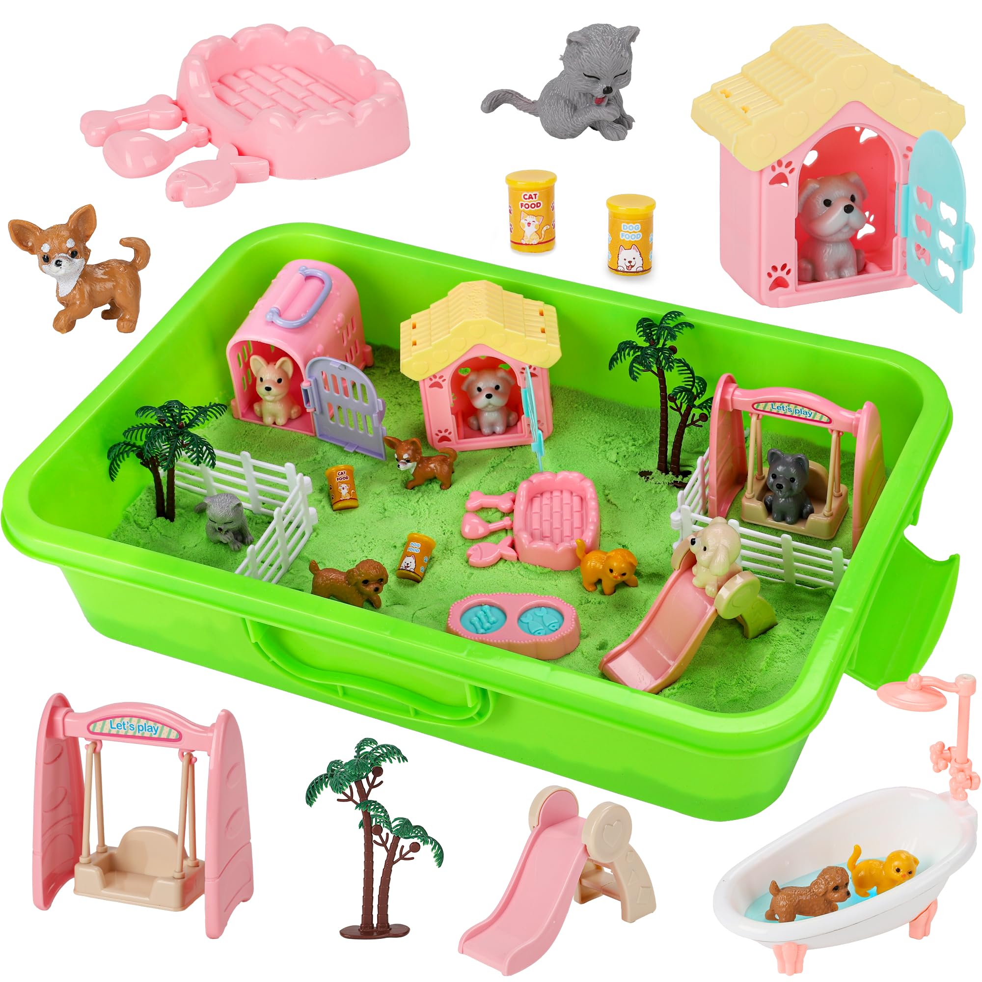 Pet Sensory Bin Kids Sensory Bins for Toddlers 1-3, Kids Sand Art Kit with Sensory Sand & Sandbox 2.2lbs Sand Pet Cat Figures Beach Toys Play Sand Kit, Pretend Play Toys for Girls Boys Ages 3 4 5 6