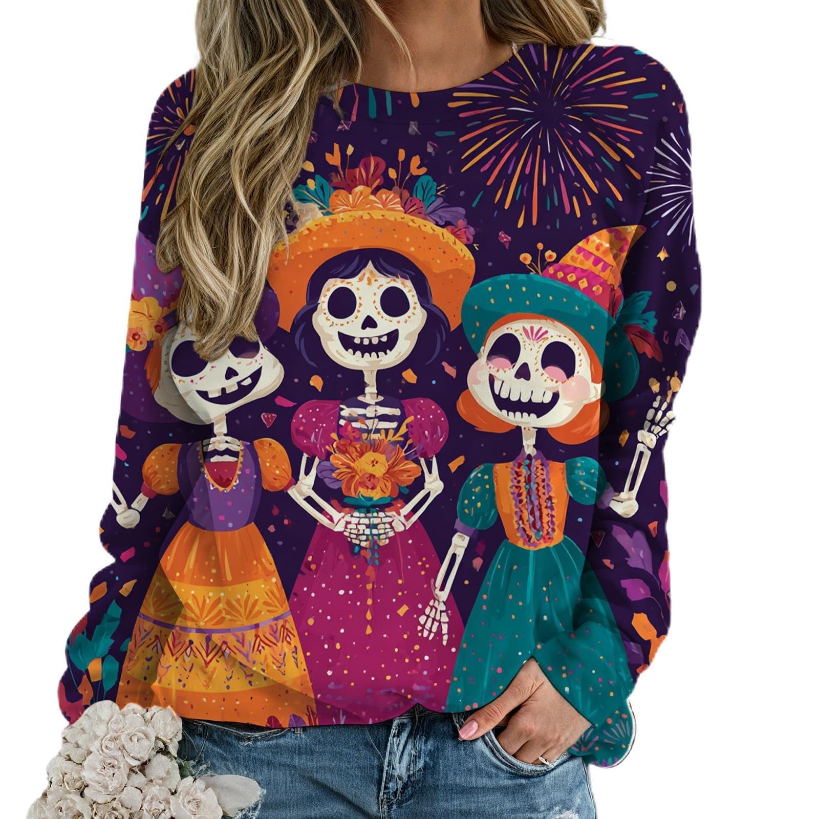 - Novelty Halloween Shirts for Women Trendy Graphic Print Long Sleeve Crewneck Fall Tops Loose Casual Pullover