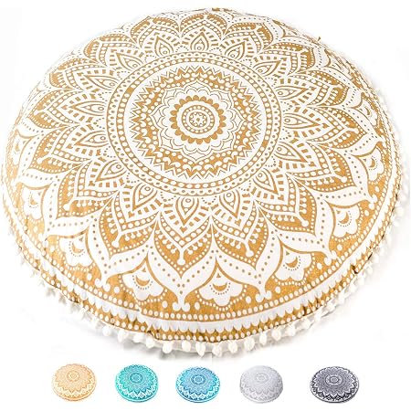 Housse De Coussin De Sol Mandala Boho - Diamètre 70 Cm, Coton Brodé Patchwork Vintage, Couleur Grise, Fermeture Zip