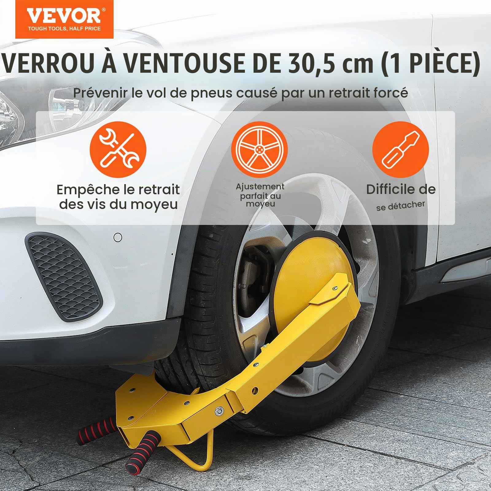 VEVOR Antivol Voiture Universel Sabot de Roue Antivol 16-38 cm Bloque-Roue en Acier Q235 Robuste Grande Ventouse de 30 cm 2 Clés Dispositif de Blocage de Roue pour Véhicules Caravanes Camions Moto SUV