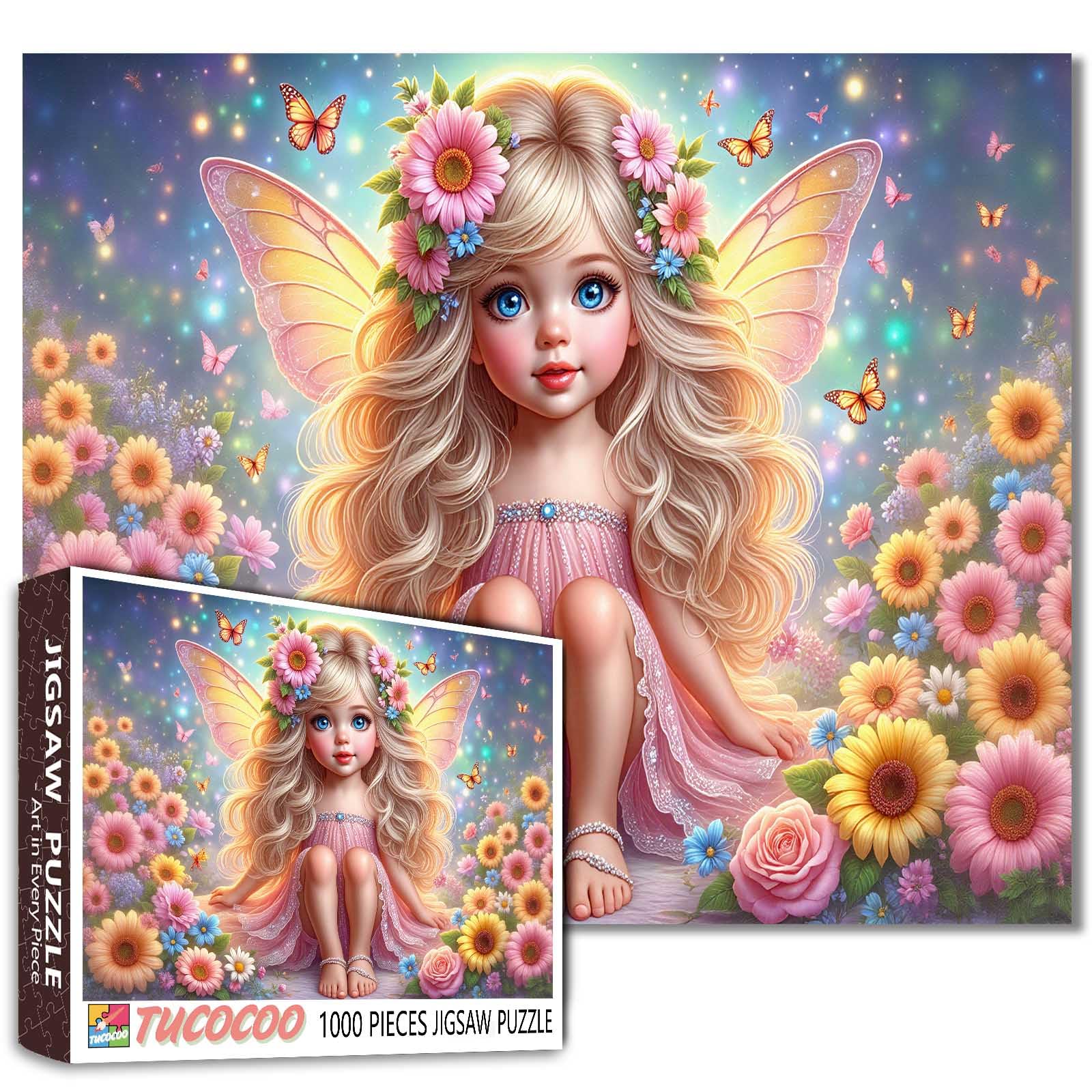 Tucocoo 1000 Piece Jigsaw Puzzle for Adults, Blonde Fairy Girl in Floral Dress with Butterflies – Fantasy Puzzle for Relaxation and Wall Art, Enchanted Garden Scene Puzzle Gift for Women and Teens
