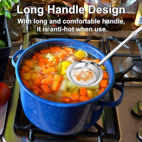 Miniatura 4 de Colador de tamiz de acero inoxidable de malla fina (paquete de 2, grande y pequeño), colador de malla para aceite de cocina, cuchara espumadora,