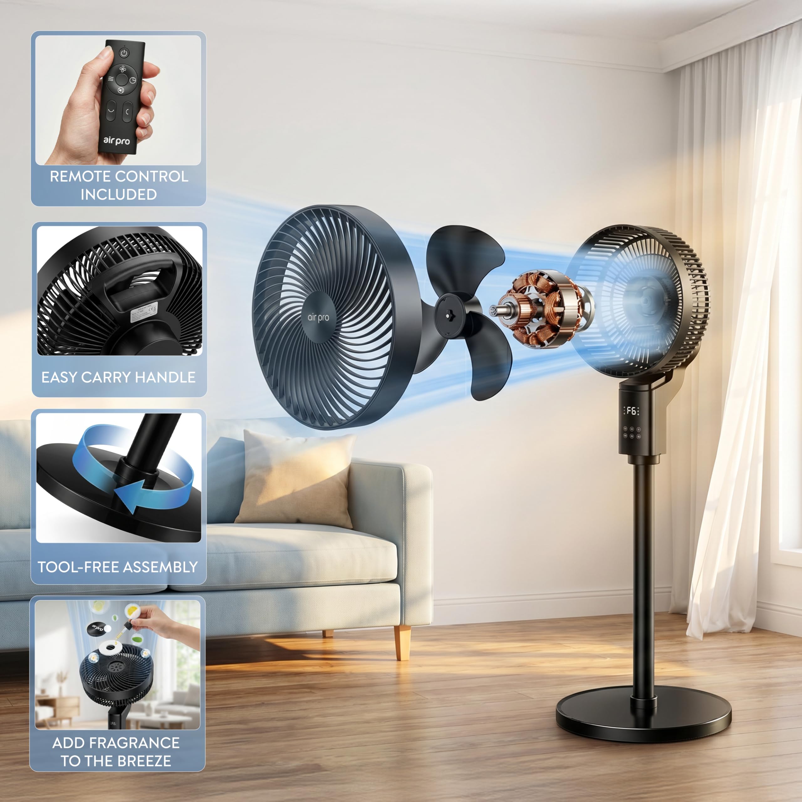 Air Pro 12" Pedestal Fan SmartVoice™ & Remote Control 3D Oscillation 12 HR Timer Quiet Copper Motor Air Cooling & Circulator Height Adjustable Fan- Small Fan with 6 Speeds 4 Modes Office Home Bedroom