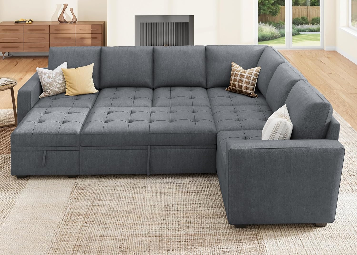 HONBAY Modular Sectional Couch with Pull Out Bed,Moduar Sleeper Sofa with Storage,U Shaped Sectional Couches for Living Room,Bluish Grey