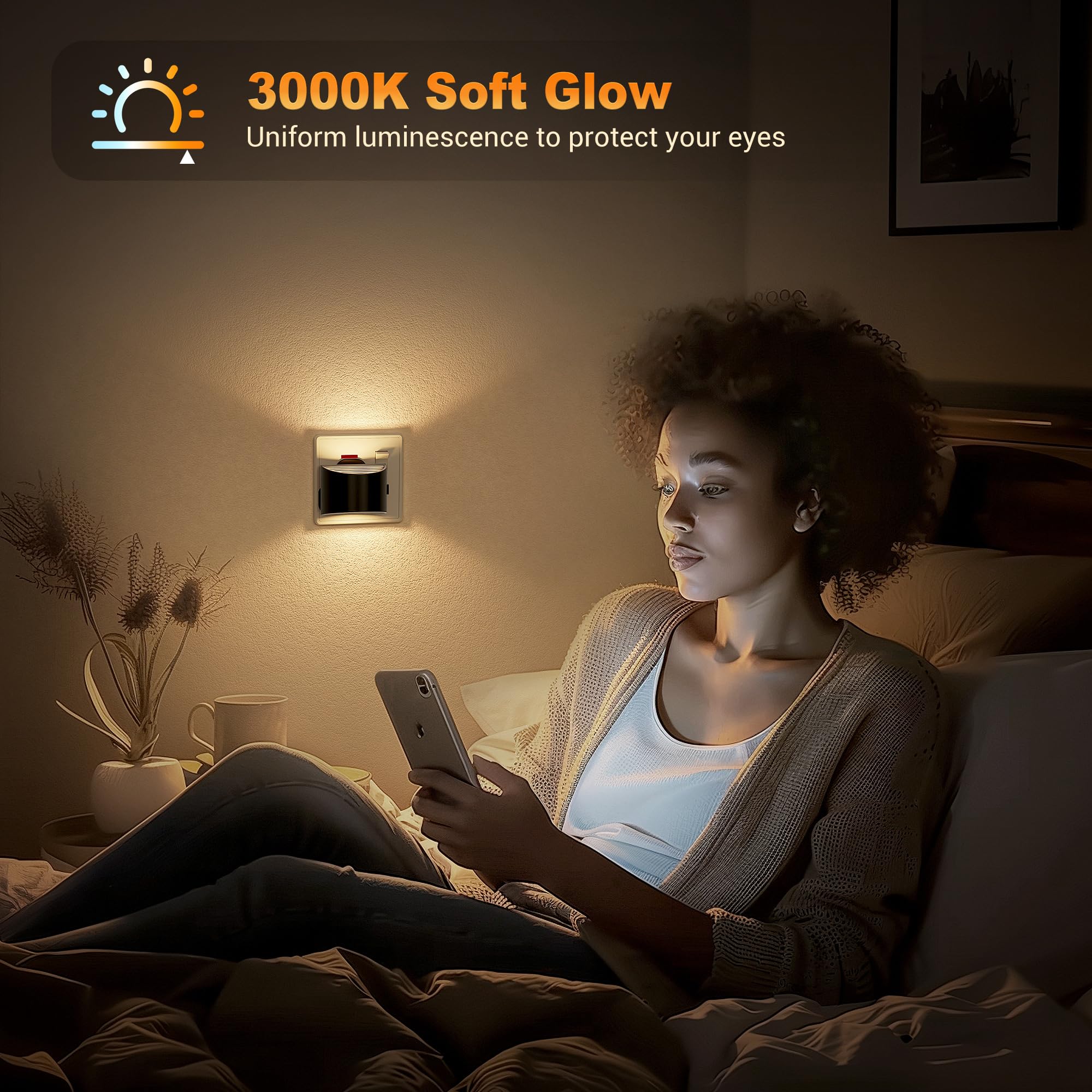 JandCase Night Light Plug in Wall 2 Pack with Dusk to Dawn Sensor, 3000K Warm White, 3 Adjustable Brightness Levels - Image 3