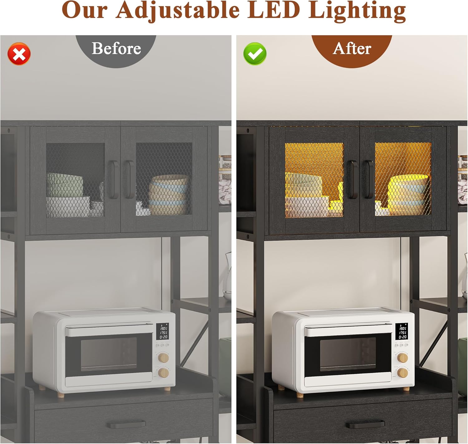 Semoic 65.35'' Bakers Rack with Power Outlet - Large Microwave Stand Kitchen Storage Cabinets with Drawer, Coffee Bar Organizer, Industrial Wine Bar Cabinet LED Light,10 Display Shelves, Black (Black)