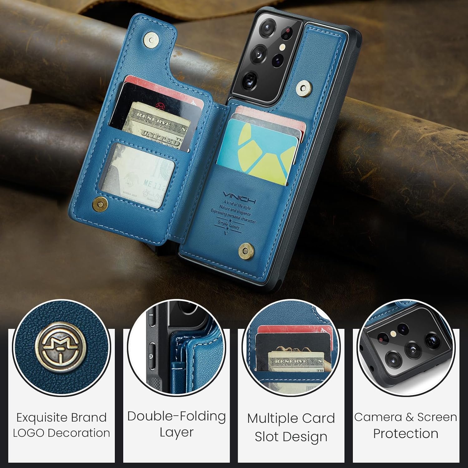 Vinich for Samsung Galaxy S21 Ultra Wallet Case with Card Holder, RFID Blocking Credit Slots Kickstand Shockproof Phone Cover Fit for Galaxy S21 Ultra 6.8" Blue - Image 9