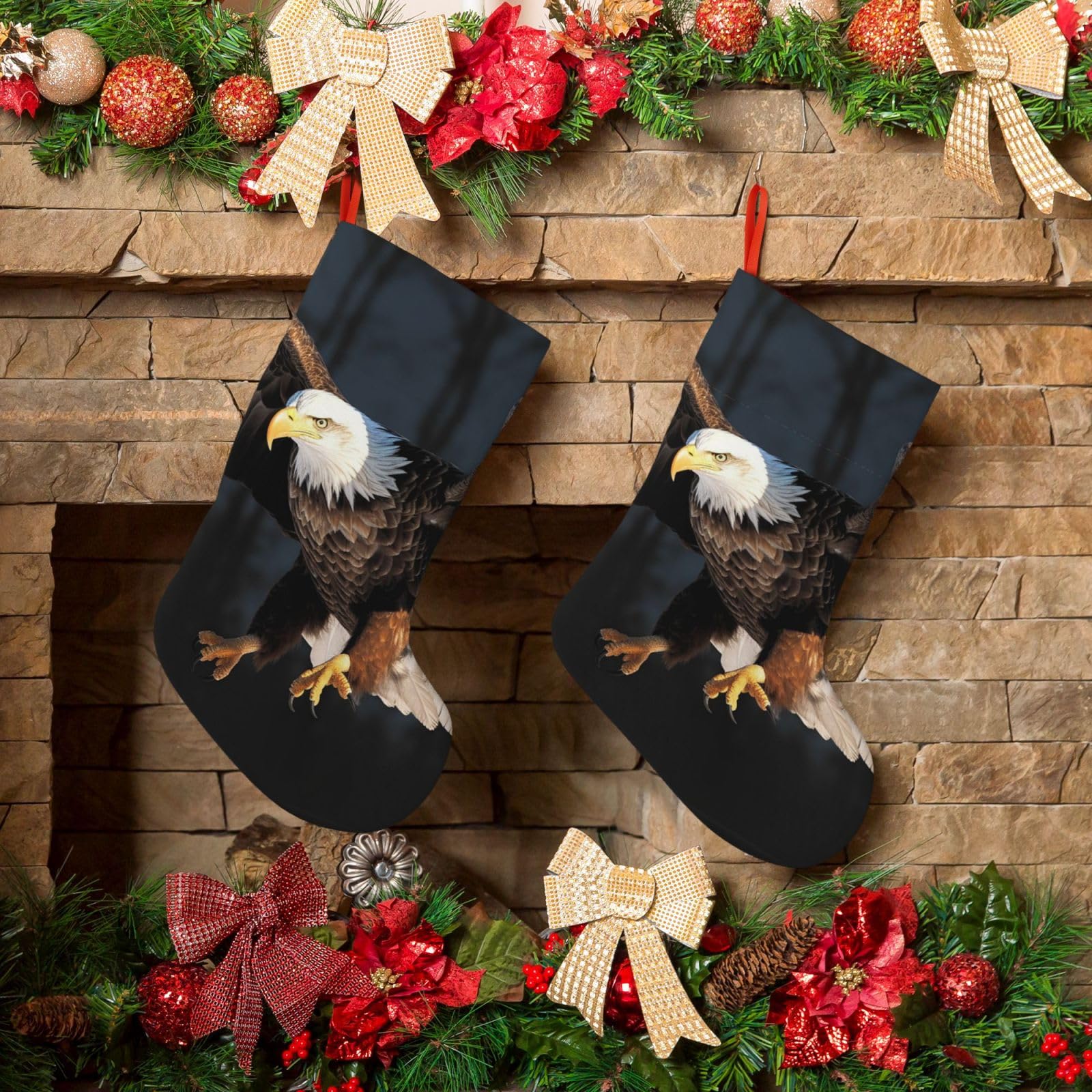 KLOPH Christmas Stockings 18" Personalized Xmas Stocking Bald Eagle Decoration Stocking Hanging Fireplace Stocking for Holiday Xmas Tree Christmas Fireplace Decor