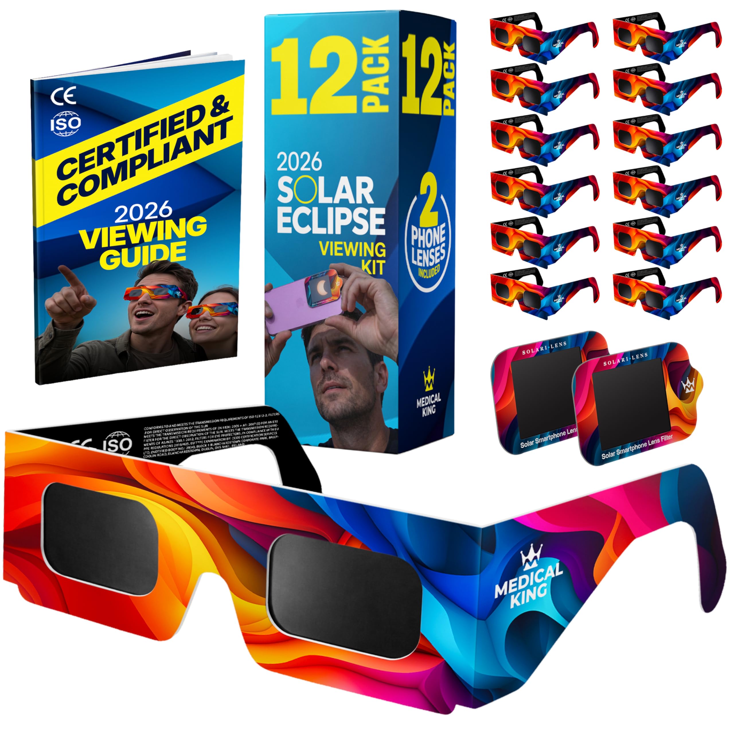 Medical king Solar Eclipse Glasses, Eclipse Glasses, Solar Eclipse Glasses ISO 12312-2 Certified, CE & ISO Approved 2026, Safe Shades, 12 Pack