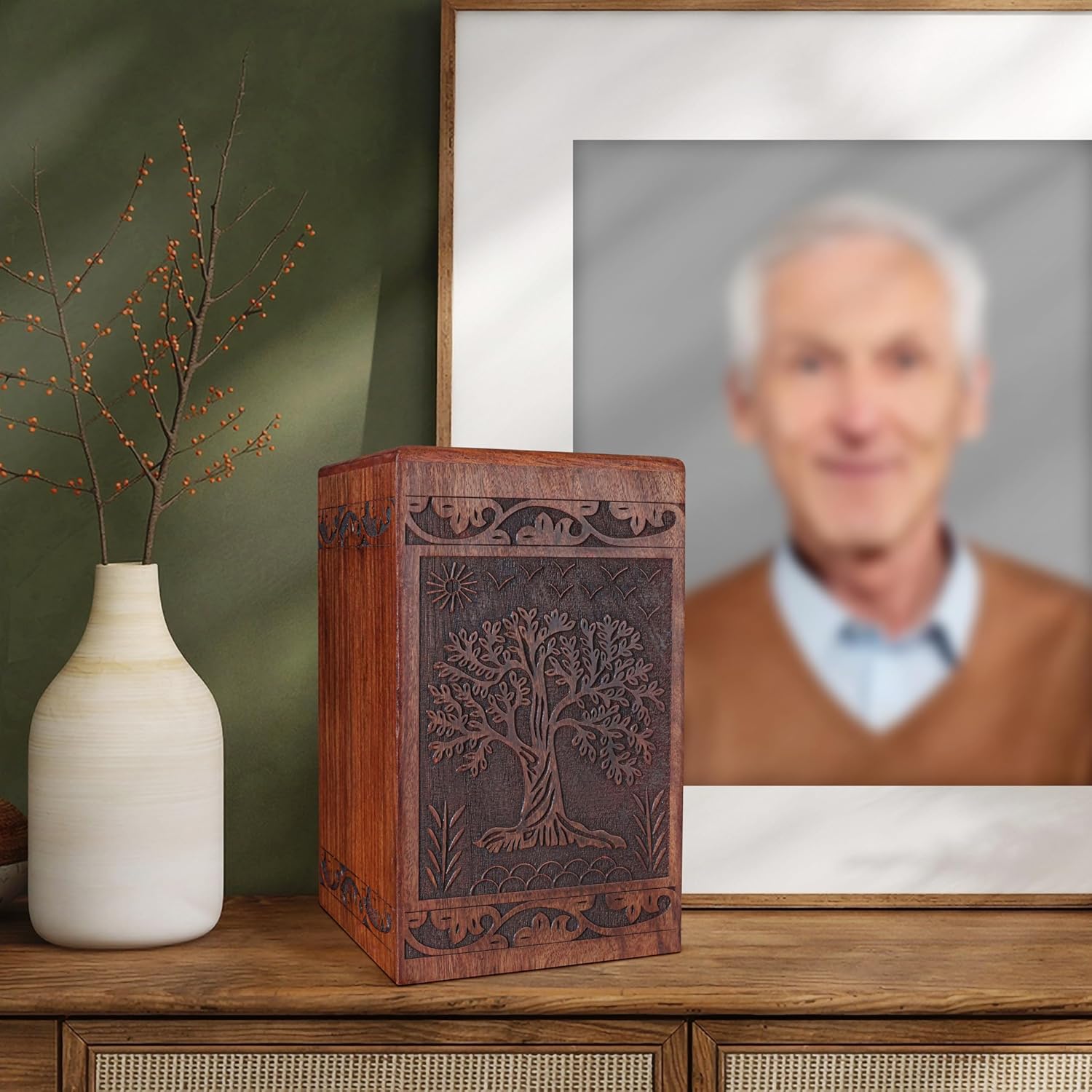 Handcarved Wooden Cremation Urns for Human Ashes Adult Male - Tree of Life Design Memorial Urns for Women & Men, Burial and Funeral Urn for Ashes Adult Male - Decorative Urns -(Large Size)