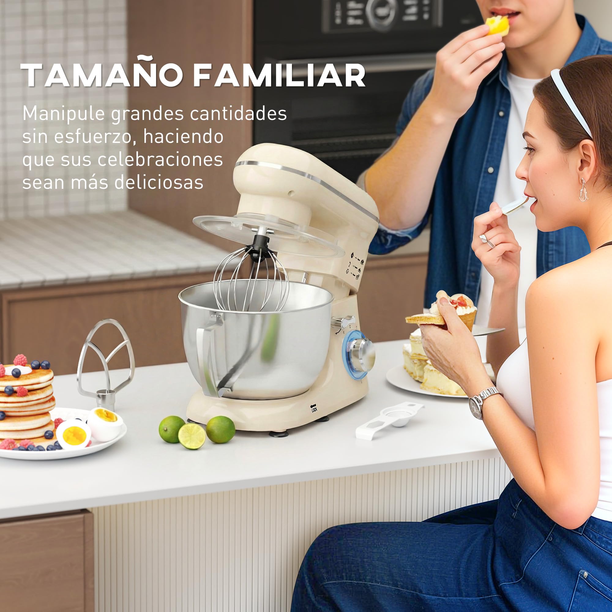 HOMCOM Batidora Amasadora 4,5L, Amasadora de Pan 1300W, Amasadora Repostería, 6 Velocidades, Bol de Acero Inoxidable, Batidor, Gancho, Varilla, Protector contra Salpicaduras, Beige