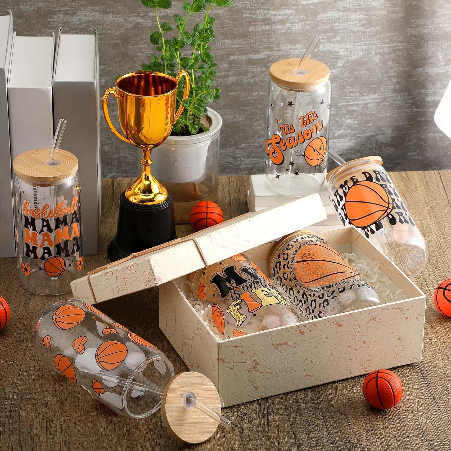 Yungyan 6 Pcs Basketball Senior Night Gifts Basketball Mom Glass Cup Bulk with Bamboo Lids and Straw 16 oz Sport Can Shaped Iced Coffee Mug Tumbler Stuff for Coach Team Players Party Favors - Image 6