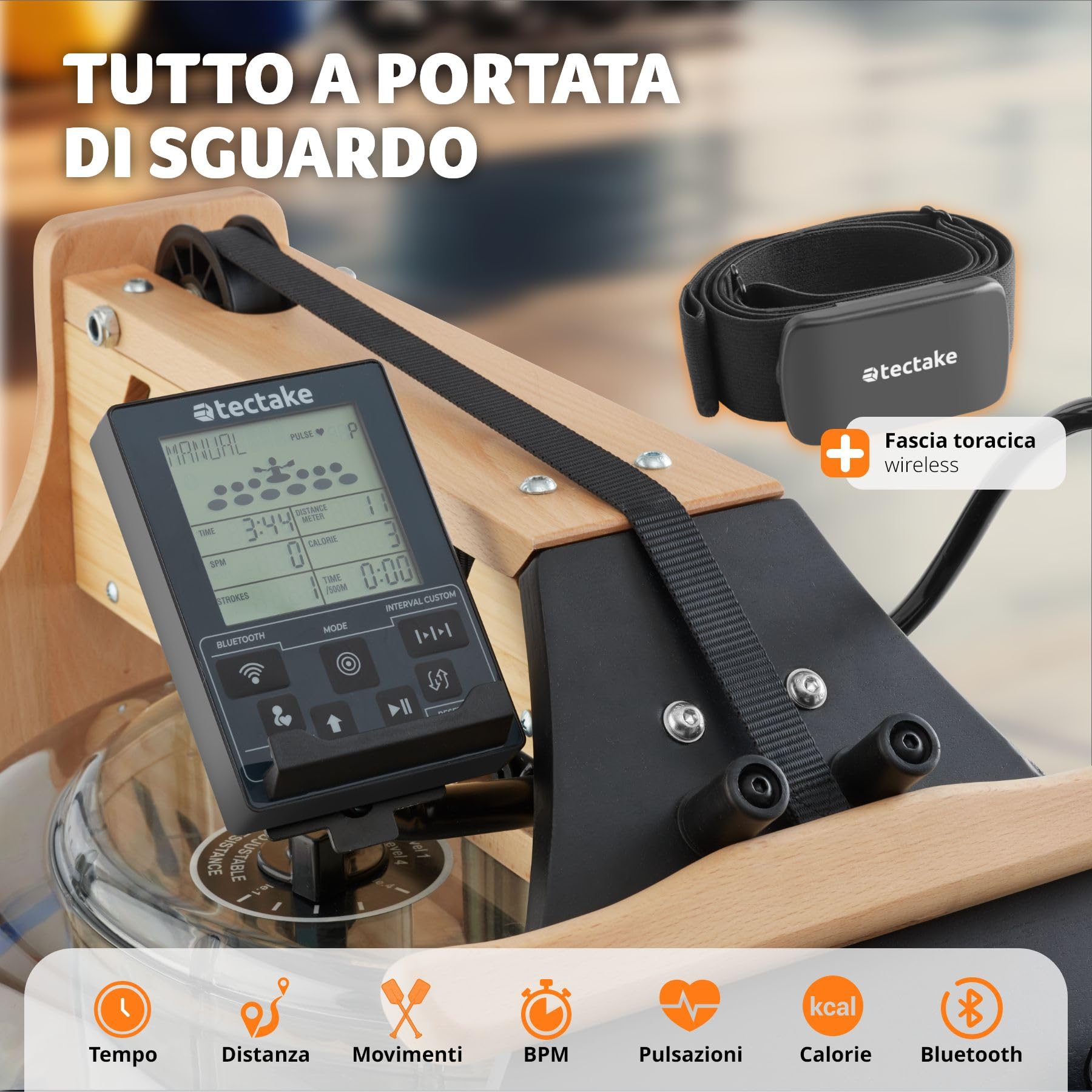 tectake® Vogatore in Legno per Allenamento a Casa, Vogatore Salvaspazio per Palestra in Casa, Sedile Ergonomico, con Serbatoio d'Acqua, Display Integrato, Carico Massimo 150 kg - Nero/Marrone