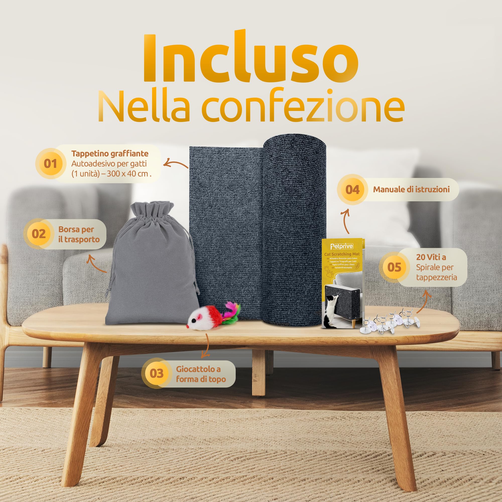 Tappeto Tiragraffi per Gatti Grandi e Piccolo 300x40cm XL Autoadesivo, Grigio Bluastro, Protezione Divano e Mobili con Giocattolo - Tiragraffi Per Gatti Adulti Xxl - Protezione Divano Graffi