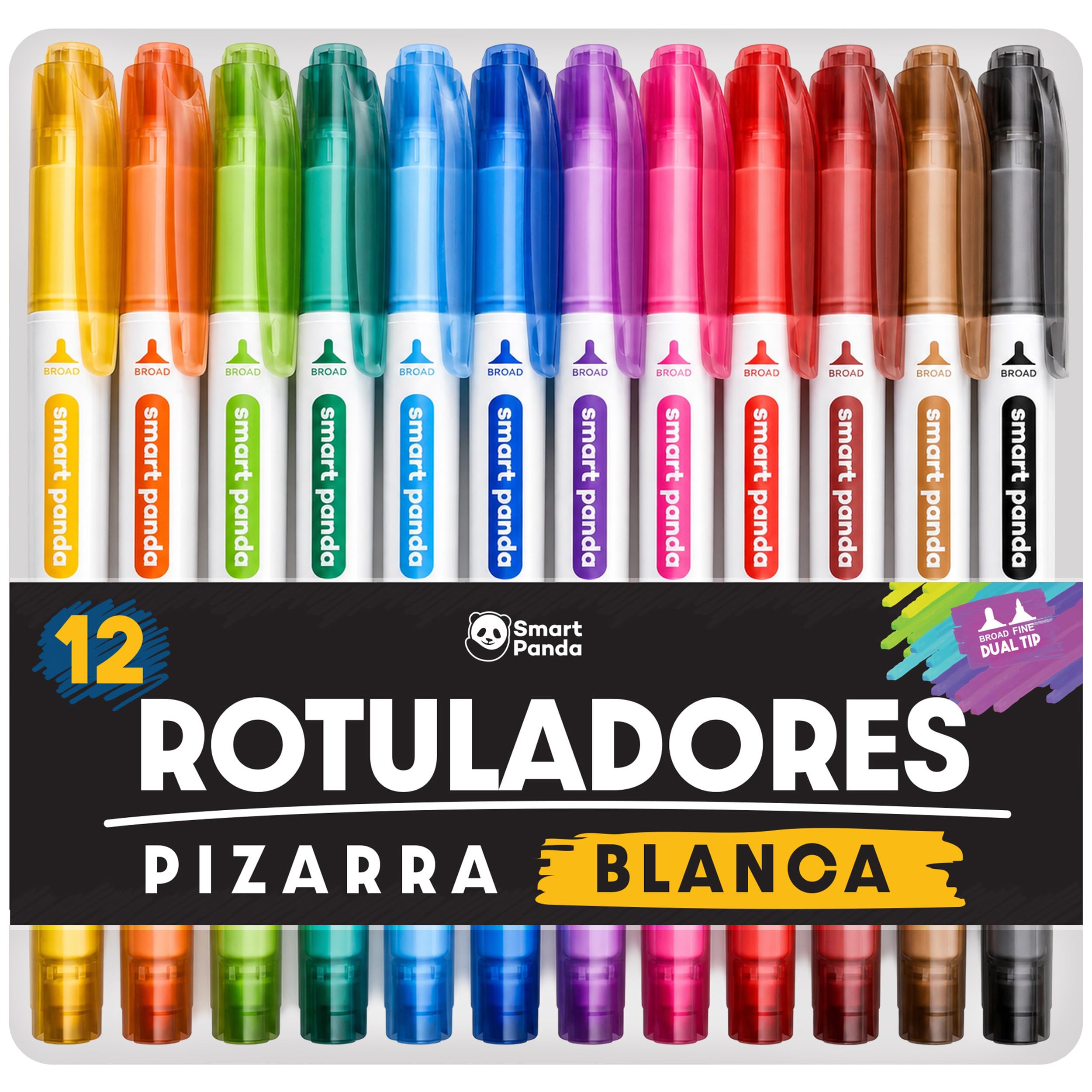 SmartPanda – Rotulador Pizarra Blanca, Punta Doble, Mediana y Fina – Borrado en Seco para el Hogar u Oficina – 12 Colores