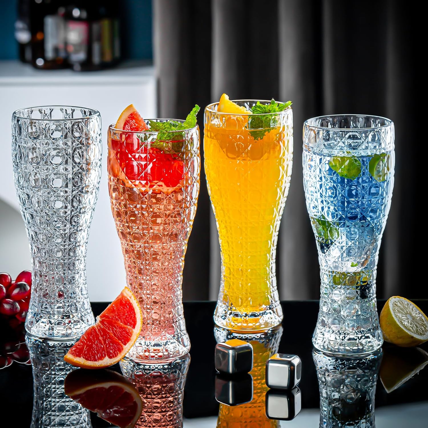 Romantic Highball Glasses, Set of 4 Vintage Drinking Glasses, 15 oz Embossed Designed Glass Cups, Tall Water Glass Tumblers, Cocktail Glass, Vintage Glassware Set for Juice, Cocktail, Whiskey