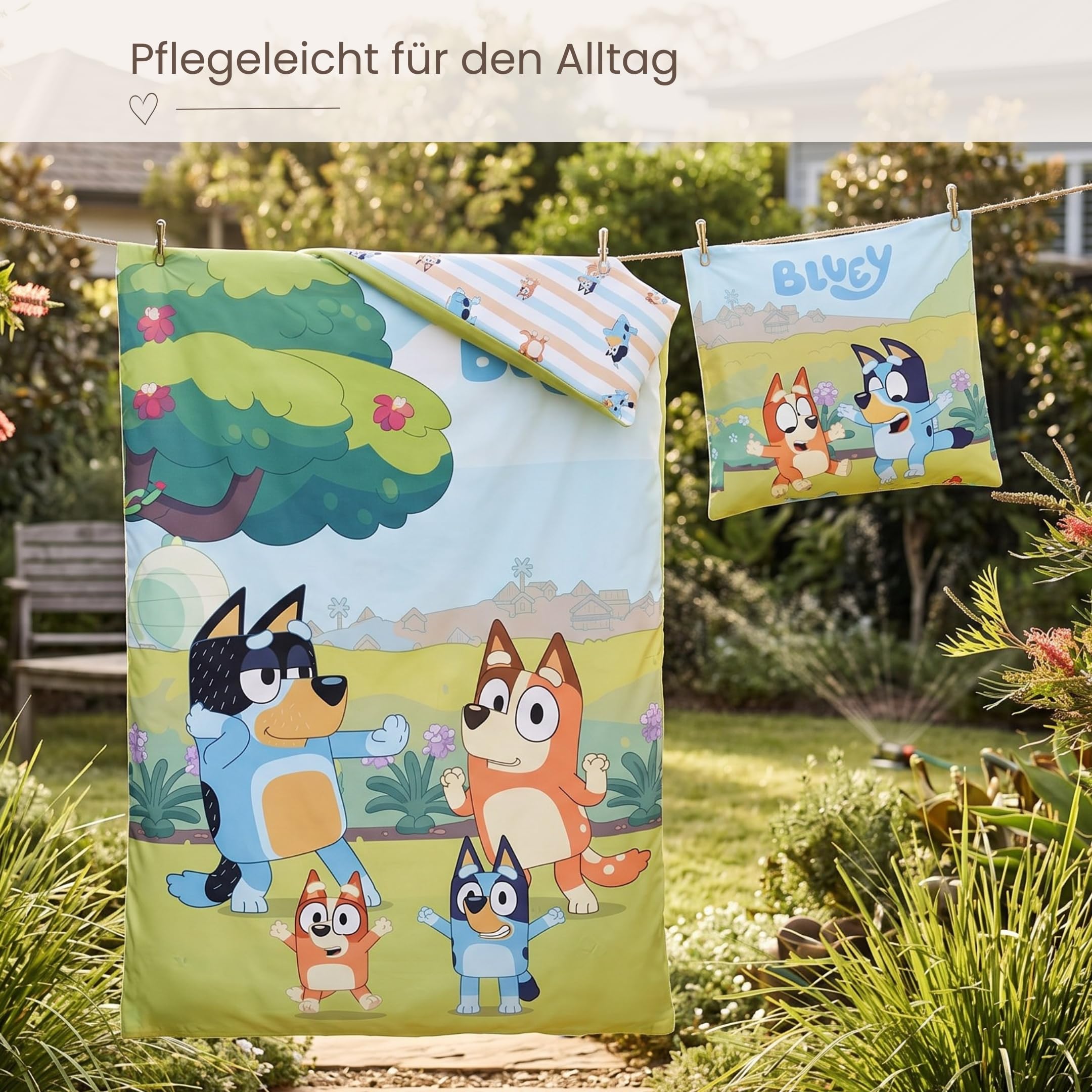 MTOnlinehandel Bluey Bettwäsche 135x200 Baumwolle für Mädchen und Jungen, Kinderbettwäsche, 1x Kissenbezug 80x80 + Bettbezug 135x200, Bingo & Bluey Geschenk