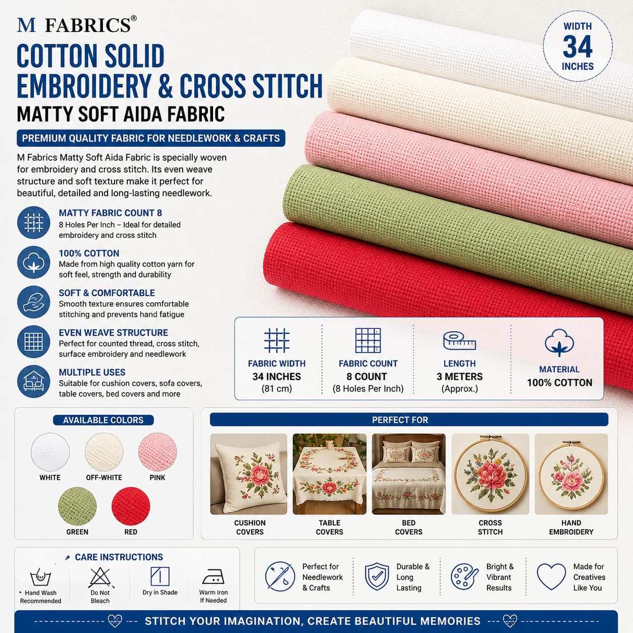 Embroidery Cross Stitch Matty Soft Fabric Cloth (Cross Stitched Aida Needle Work Fabric) 34 Inches Width (8 Count Soft) - (5 Meters, White)