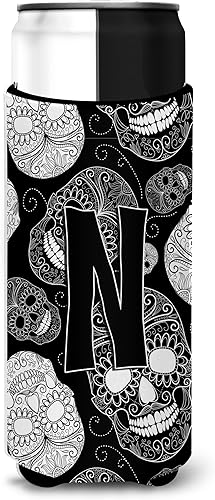 Caroline's Treasures CJ2008-NMUK Letter N Day of the Dead Skulls Black Ultra Hugger para latas delgadas, funda enfriadora, lavable a máquina, funda