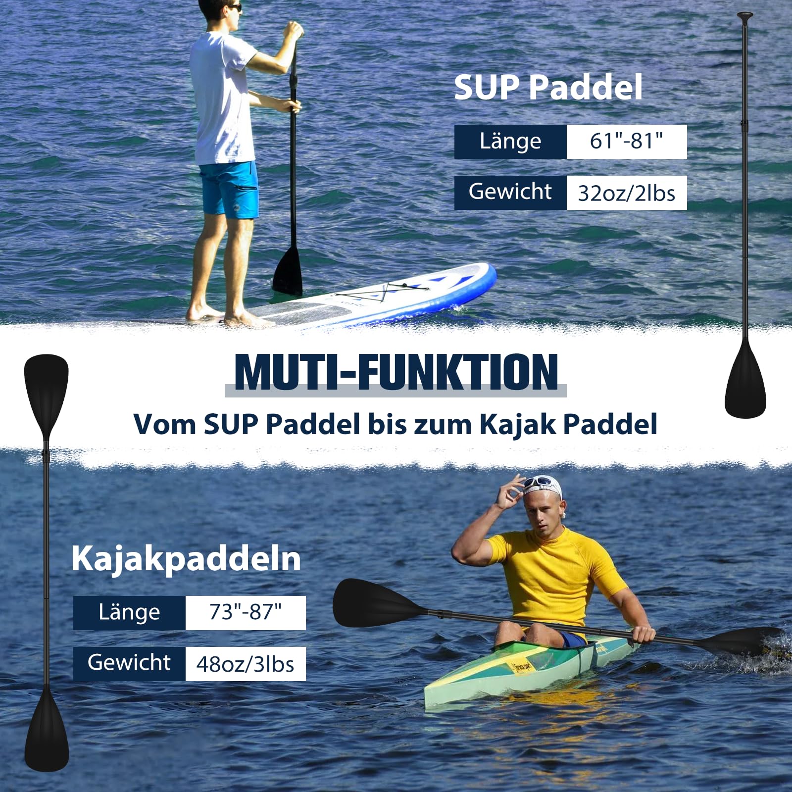 Sup Kayak Pagaie, 2 en 1 Aluminium Pagaie réglable pour Stand-Up Paddling, Manche recouvert de PU Double pagaie 186-220cm Plastique Lame en Nylon