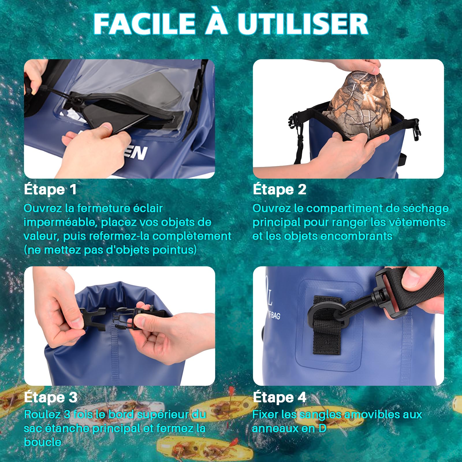 BOOSTEADY 5L/10L/20L Sac Sec Étanche Léger IPX7, Sac Impermeable Étui de Téléphone pour Écran Tactile Zippé avec Anneaux en D & Sangle Réglable, Dry Bag Waterproof Bag pour Plage Kayak Bateau-20L