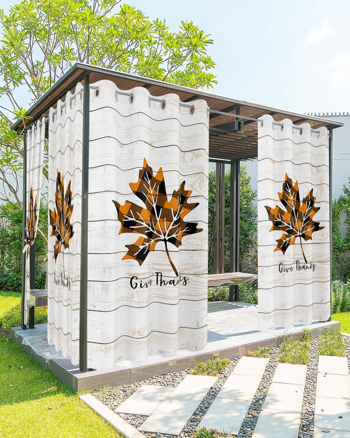 Outdoor Curtains for Patio 2 Panels Set Thanksgiving Autumn Orange Buffalo Plaid Pumpkin Leaves Waterproof Privacy Outside Curtain Sun Blocking Grommet Drapes for Porch Gazebo Pergolas 52"x108"