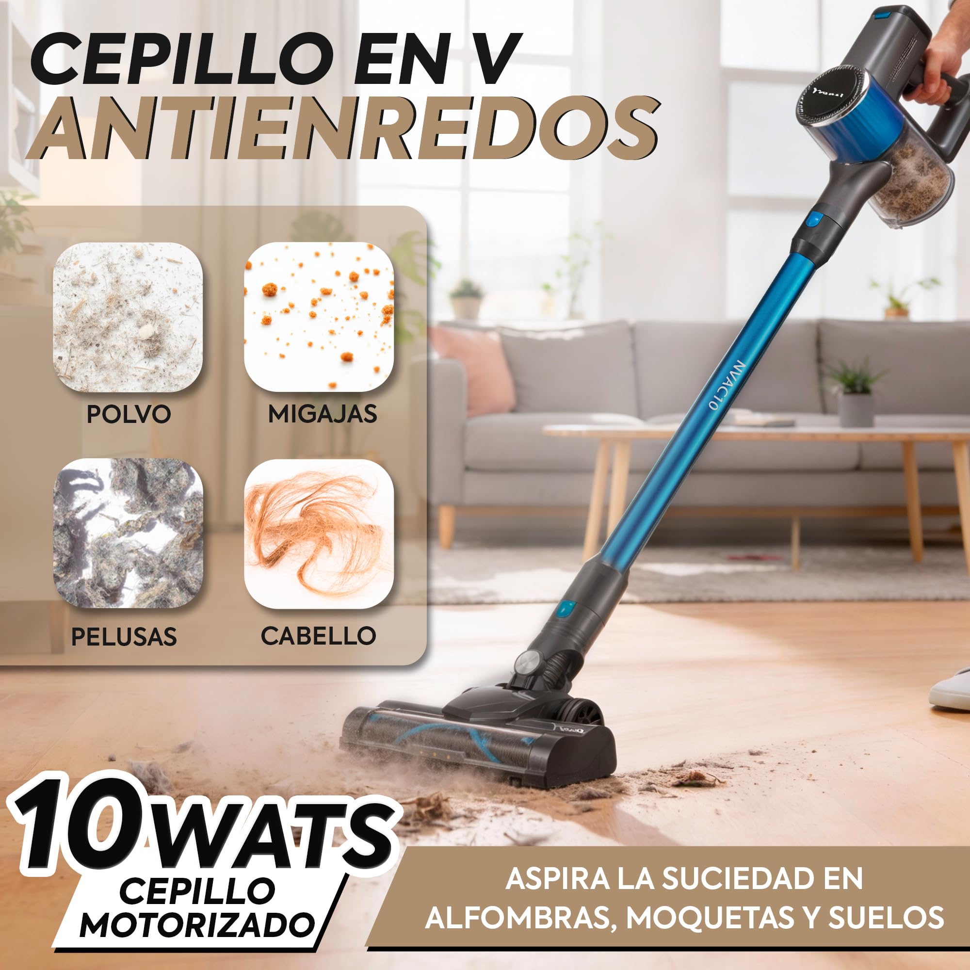 NARVI Aspiradora sin Cable 250W Aspiradora de Mano 20KPA | 6 en 1 Inalámbrica 40 min autonomía, batería extraíble, Cepillo entienredo, filtro HEPA, Ideal para Pelo de Mascotas y Hogar