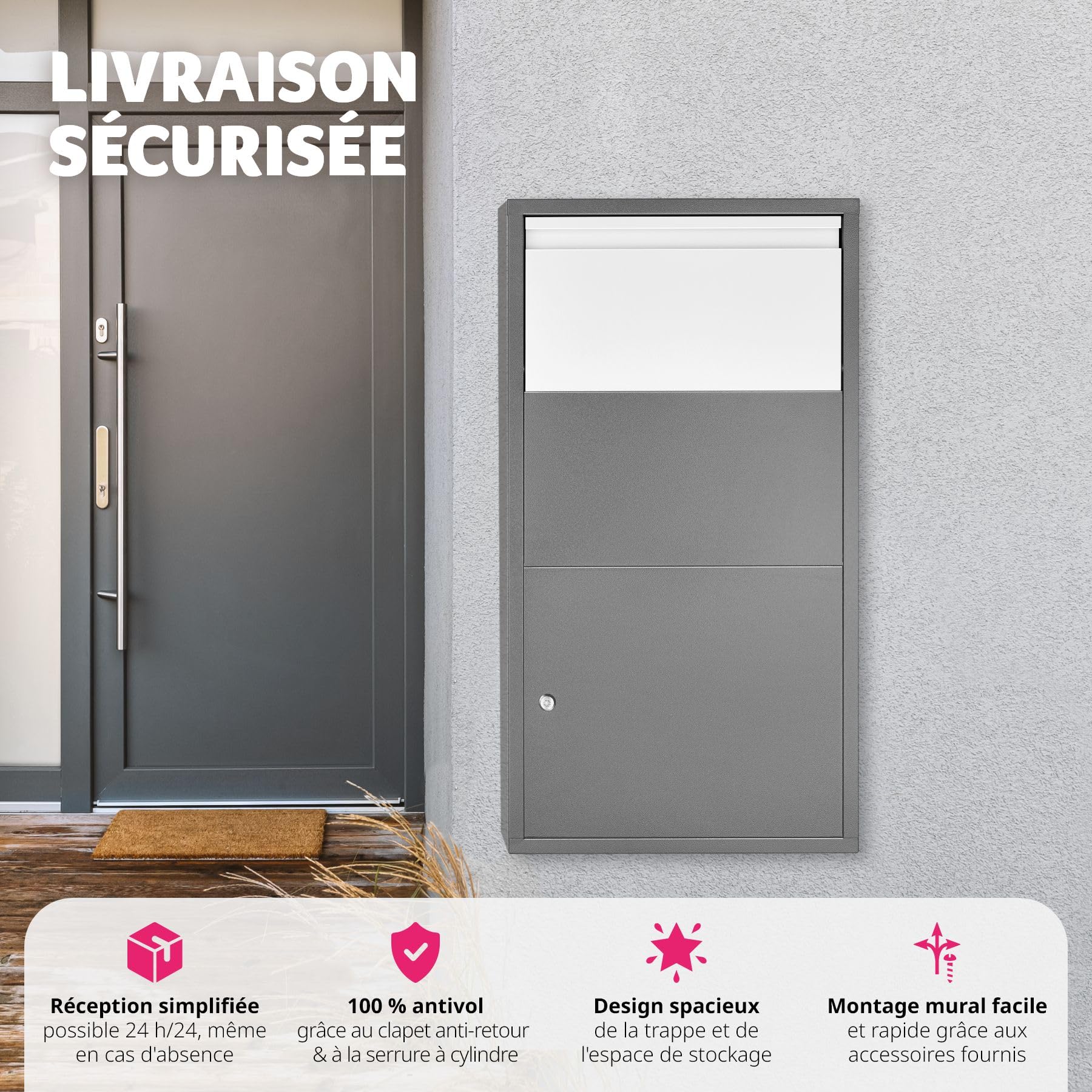 tectake® Boîte aux Lettres avec Compartiment pour Colis, Boite aux Lettres normalisée résistante avec avec clapet de sécurité, Livraison 24h Possible, Fixation aux Mur - 44 x 22 x 82 cm