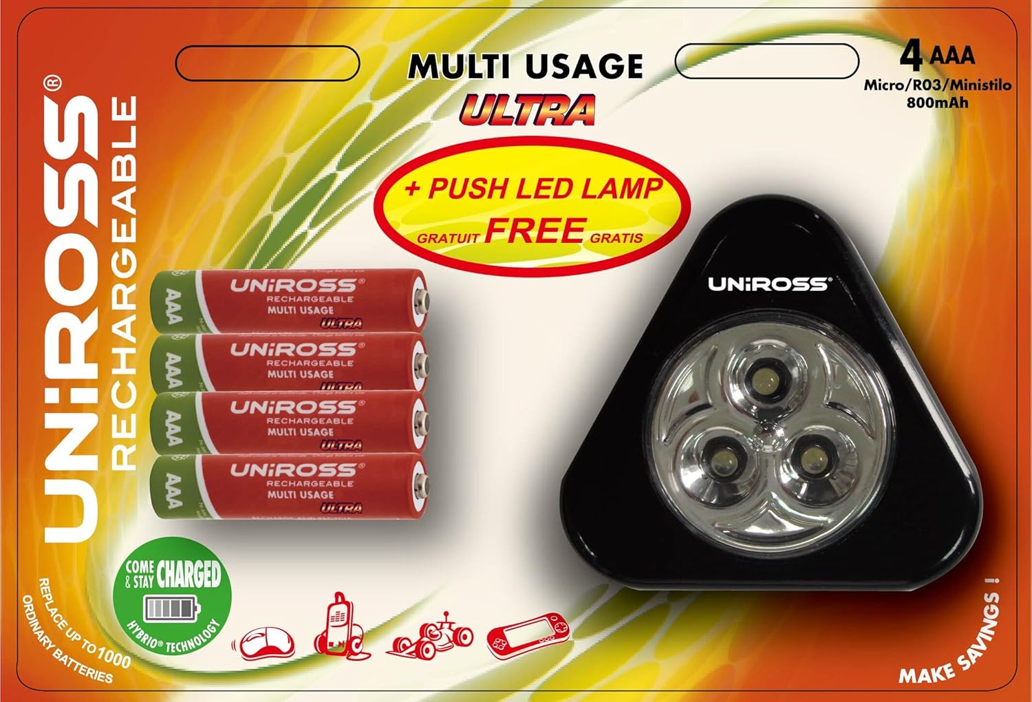 Uniross Blister Pack of 4x AAA Batteries RTU MultiPurpose Rechargeable NiMH for Camera 800 mAh