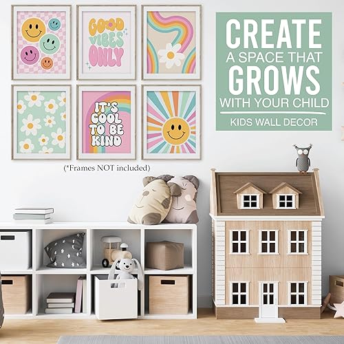 Miniatura 4 de Hadley Designs 6 Cuadros de Pared Retro para Habitación de Niñas - Decoración Groovy para Habitación de Niñas, Arte Estético para Guardería o