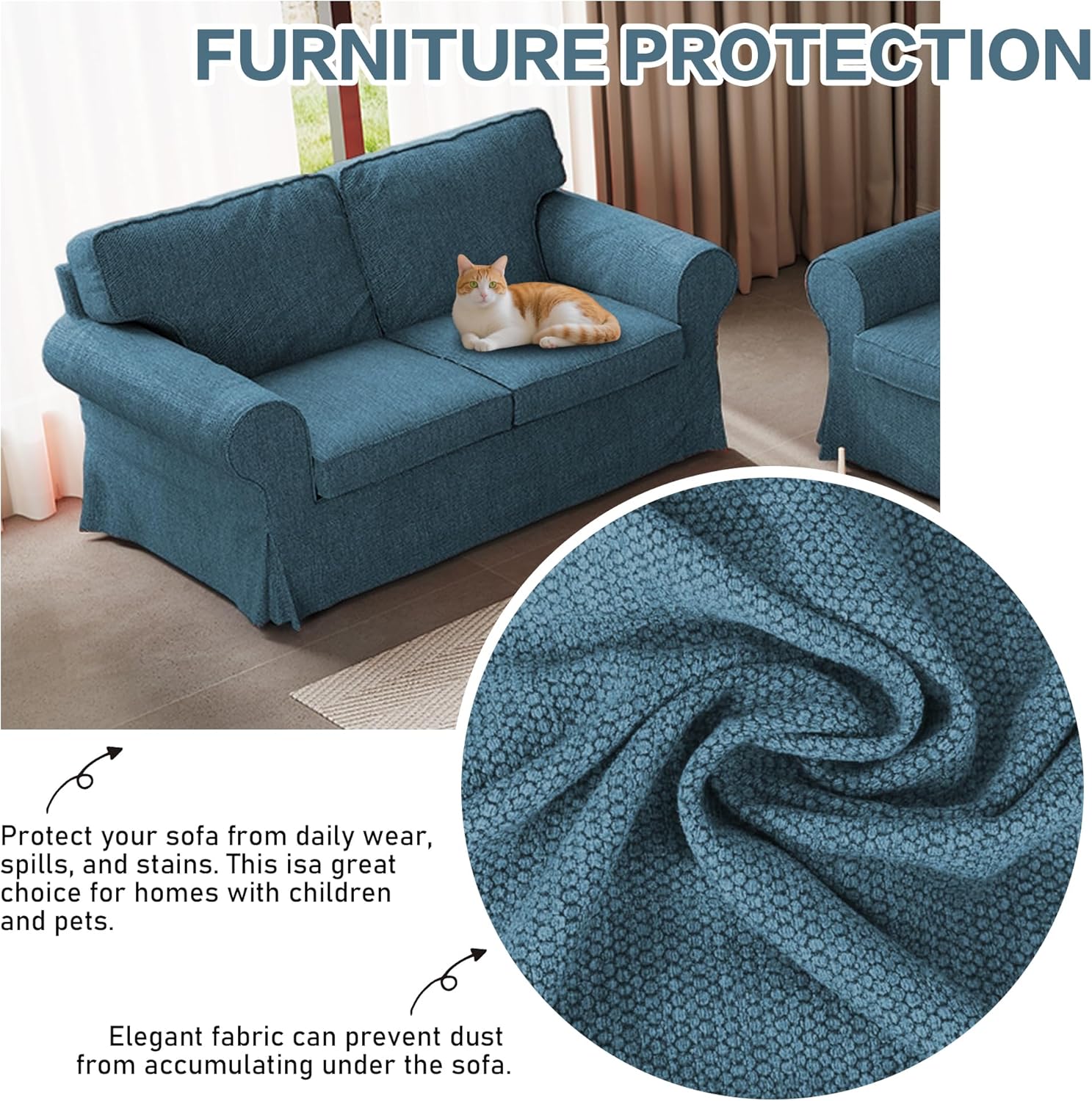 MASWOND EKTORP 3 Seat Sofa Cover Jacquard Fabric Cover Replacement is Custom Made Slipcover Compatible for IKEA EKTORP Sofa Only (7pcs,Blue)