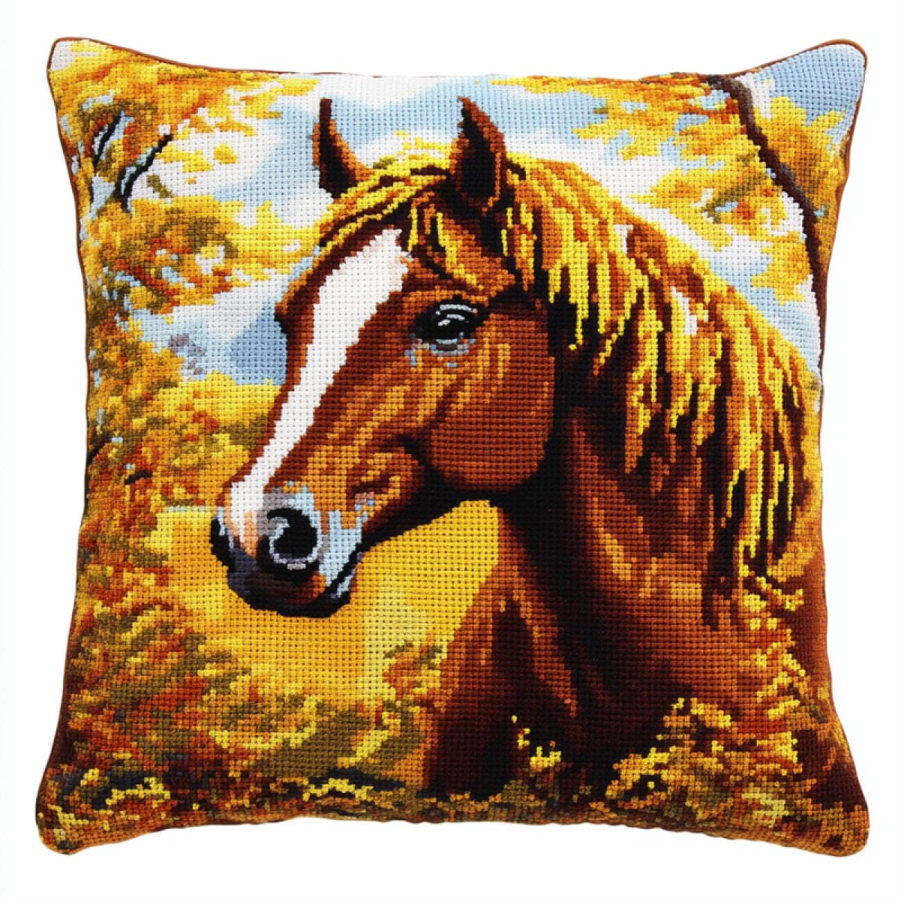 Henypt 9CT Cross Stitch Cushion Kit Horses Animal DIY Cushion Embroidery Kit Needlepoint Handmade Needlework Cushions Kits Stitched Pillow Cover Set for Adults Beginners 50x50cm