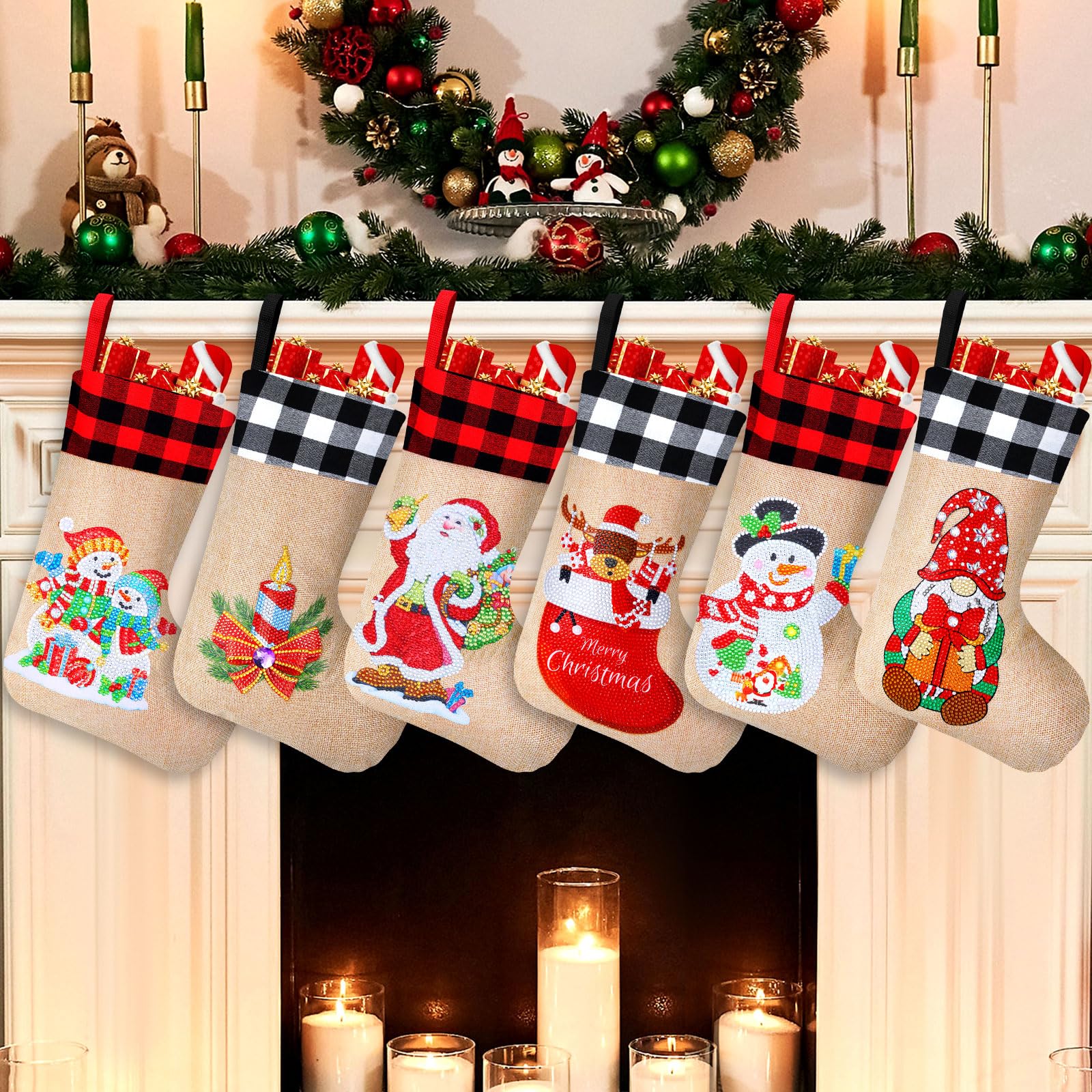 Photo 1 of 6 Sets Christmas 5D DIY Diamond Painting Stockings Christmas Stocking Snowman Diamond Art Christmas Diamond Painting Kits Rhinestone Painting Fireplace Hanging Stocking Xmas Gift Candy Bag (Plaid)