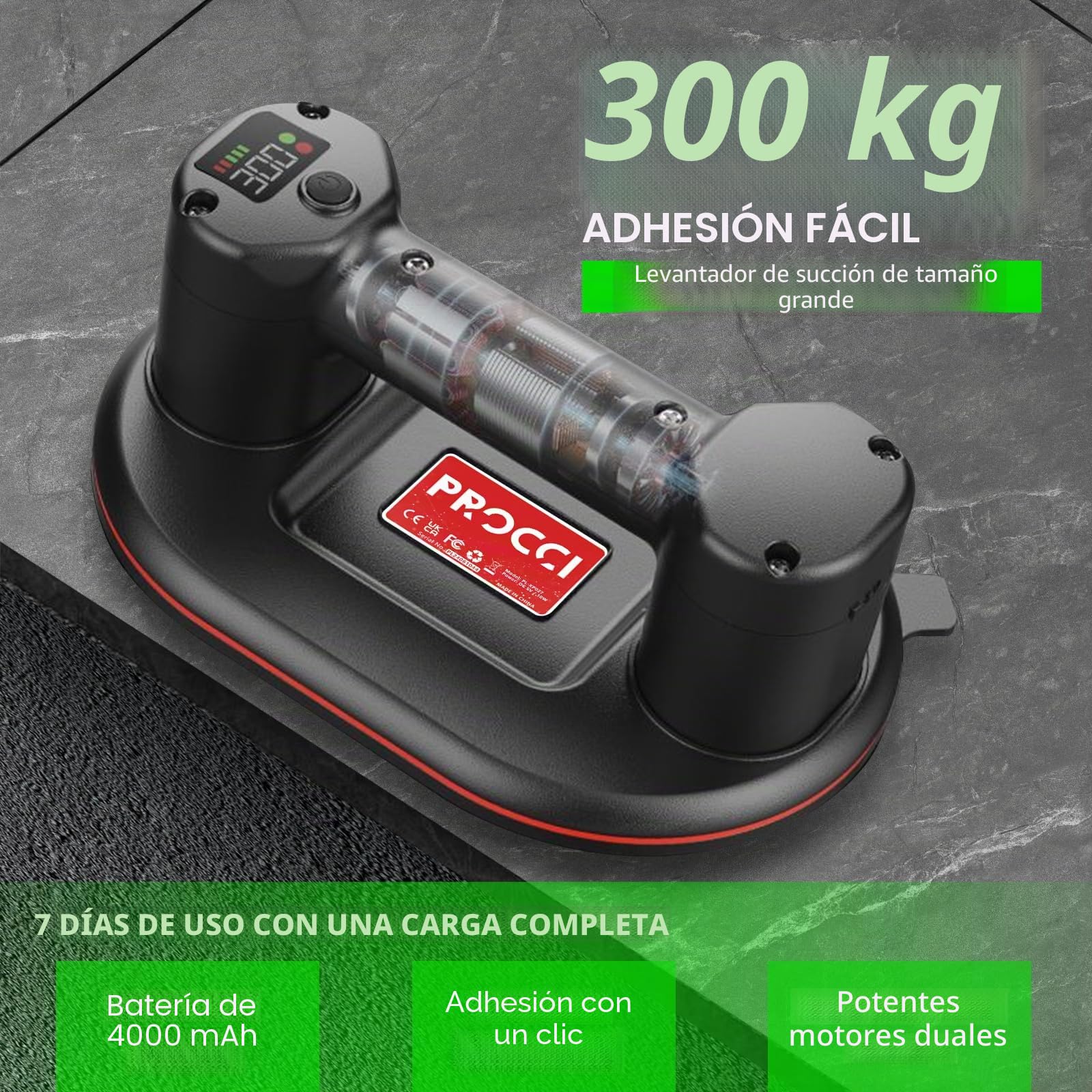 Nueva Ventosa a Batería para Azulejos, Vidrio, Mármol, Ventosa Eléctrica Longitud de 24 cm, 2 Motores, Potencia de Succión de 300 KG, Pantalla LCD, Batería de 4000 mAh Hasta 10 Horas