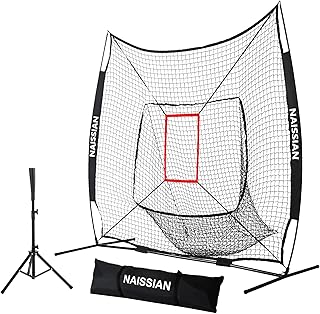 Naissian 7'x7' Baseball Hitting Net and Tee Softball Batting Net and Tee Set Black Polyester Mesh Net 7 Strand + Adjustable Batting Tee Softball Practice Equipment for Softball Pitching Throwing
