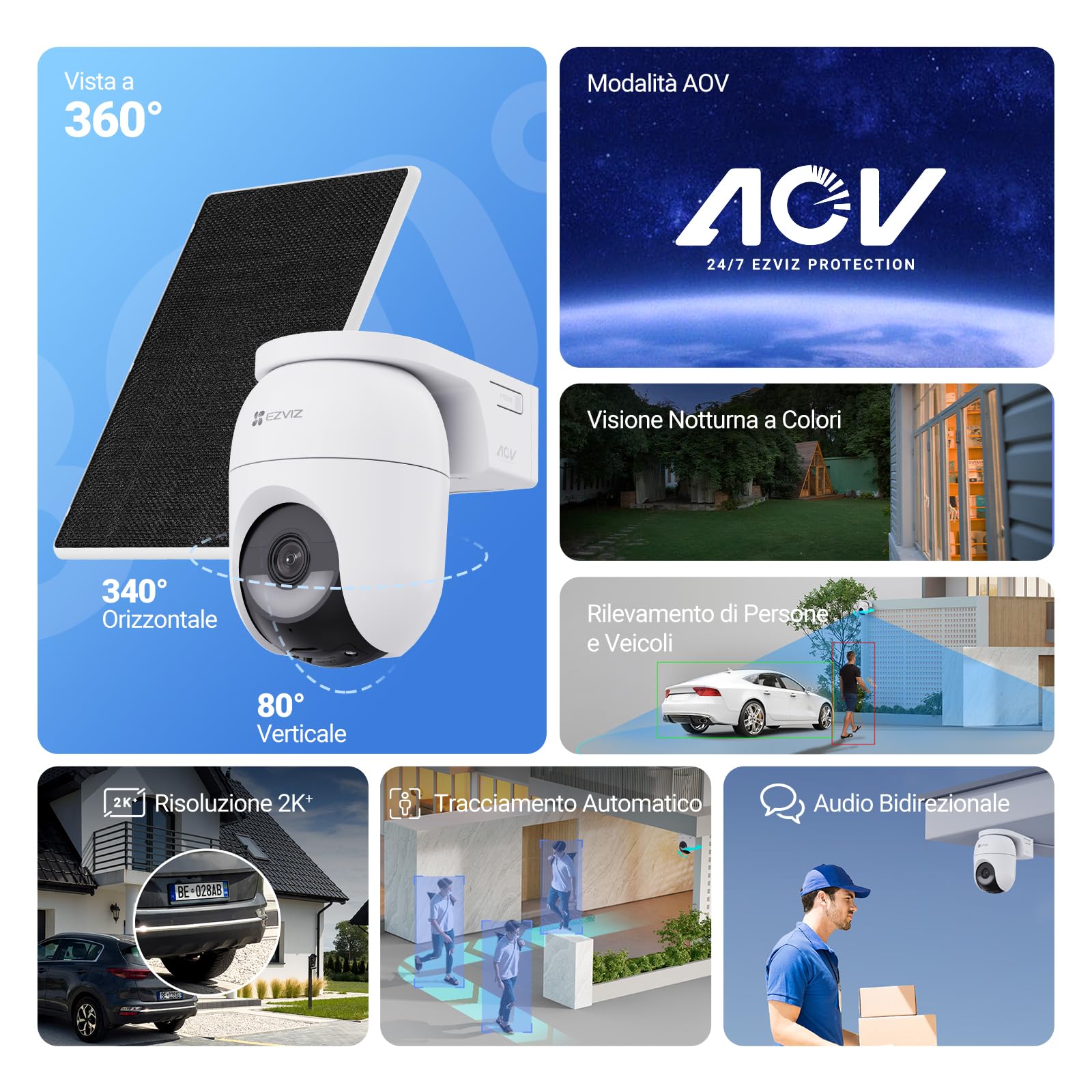 EZVIZ CB8 Lite Kit da 2, Telecamera WiFi Esterno 2K+ Senza Fili con 2 Pannelli Solari, 360° Pan/Tilt, Batteria a Lunga Durata, AOV, Rilevamento Umano/Veicolo, Visione Notturna a Colori, Wi-Fi 6