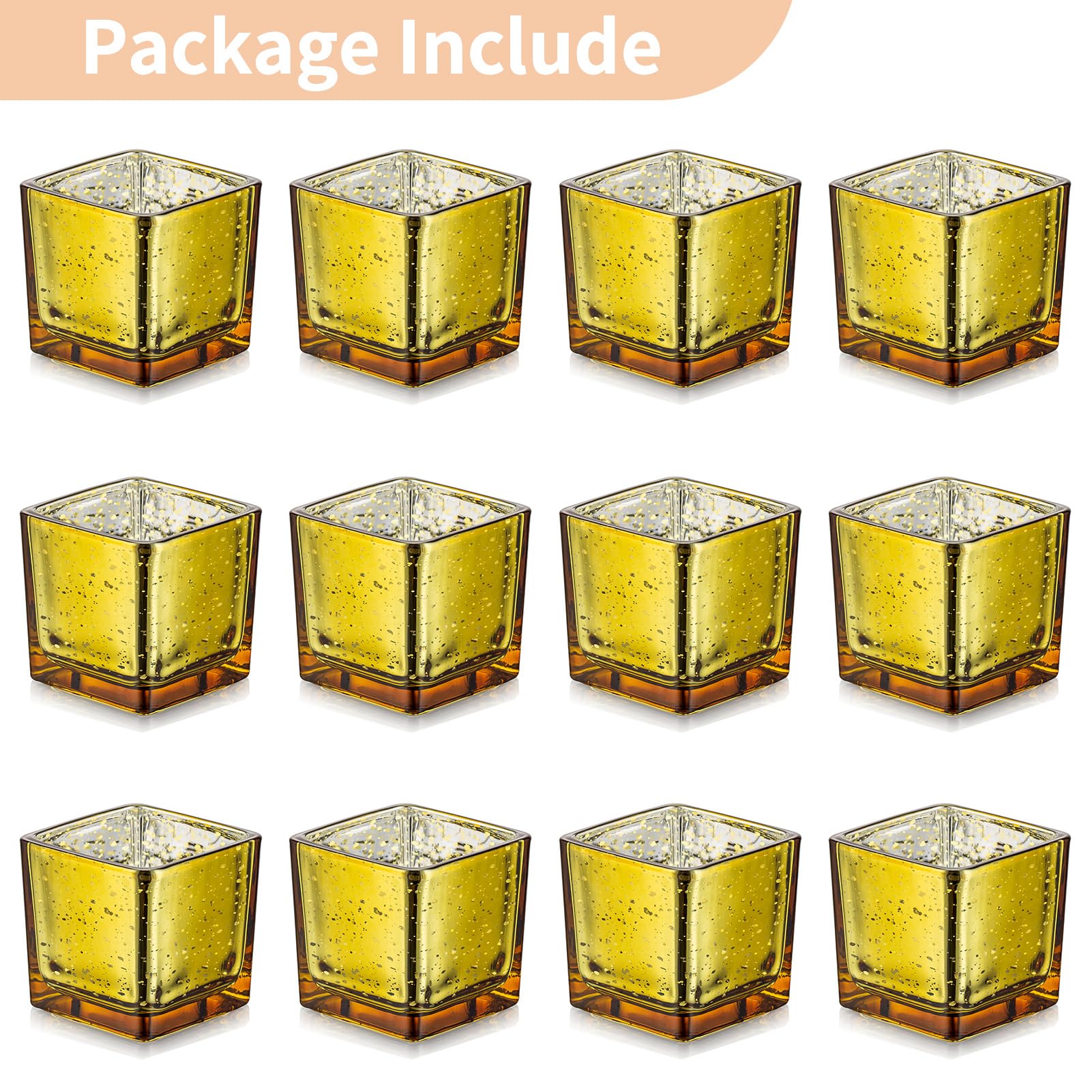 Nuptio Oro Portacandele In Vetro - Confezione 12 Portacandele Votive Tea Light Sfuso, Quadrato Speckled Mercurio Galleggiante Candele Soggiorno Natale Matrimonio Festa Candela razione Tavolo Cena