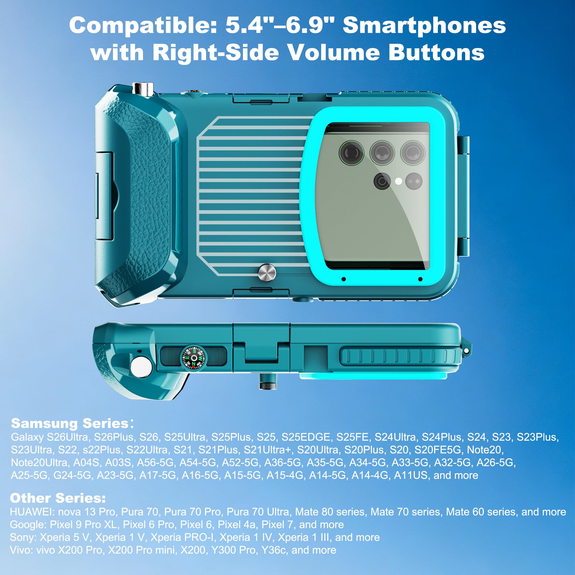 IP68 49FT Custodia subacquea per Android 5.4-6.9 pollici lato destro Volume