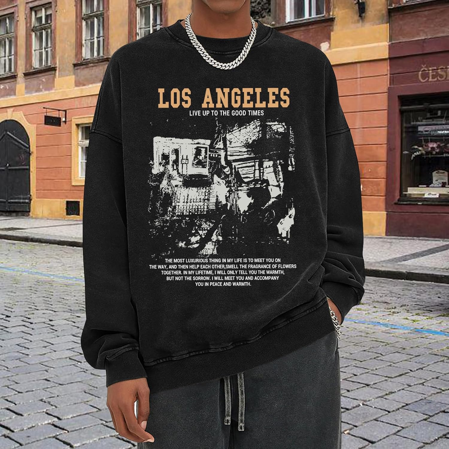 Mens Oversized Crewneck Sweatshirt Vintage Los Angeles Graphic Washed Sweatshirts with Pockets Streetwear Pullover - Image 3