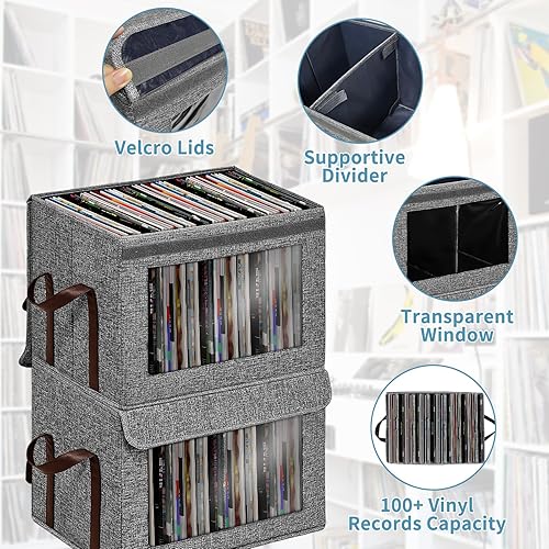 Miniatura 3 de Caja organizadora grande de discos de vinilo de 12 pulgadas, 100 discos de vinilo, elegante soporte apilable de tela con tapa y asa, gris, 1 paquete