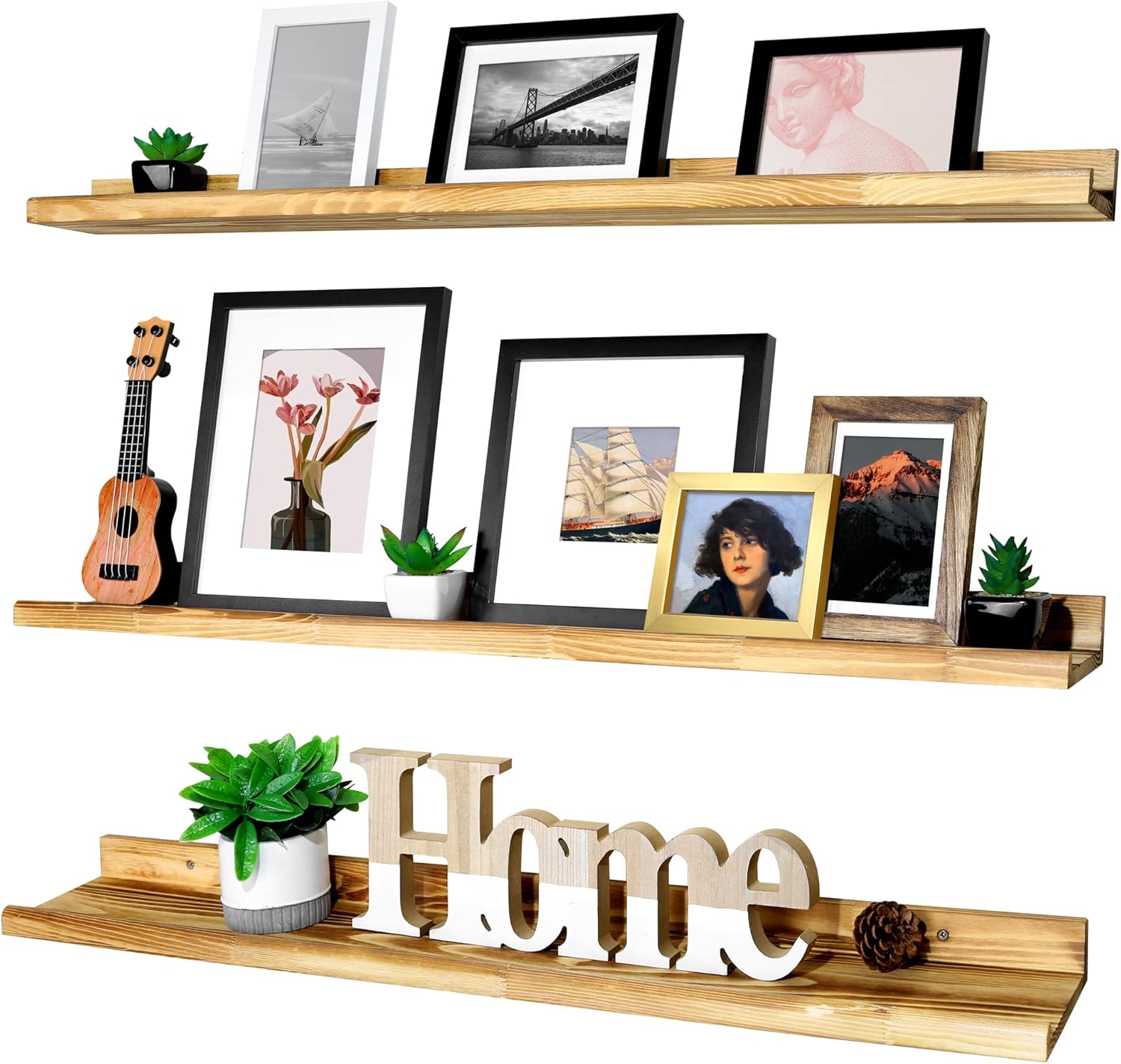 Annecy Floating Shelves Wall Mounted Set of 3, 36 Inch Carbonized Black Solid Wood Shelves for Wall, Wall Storage Shelves with Guardrail Design for Home, Kitchen, Office, 3 Different Sizes Carbonized Black 36 inch