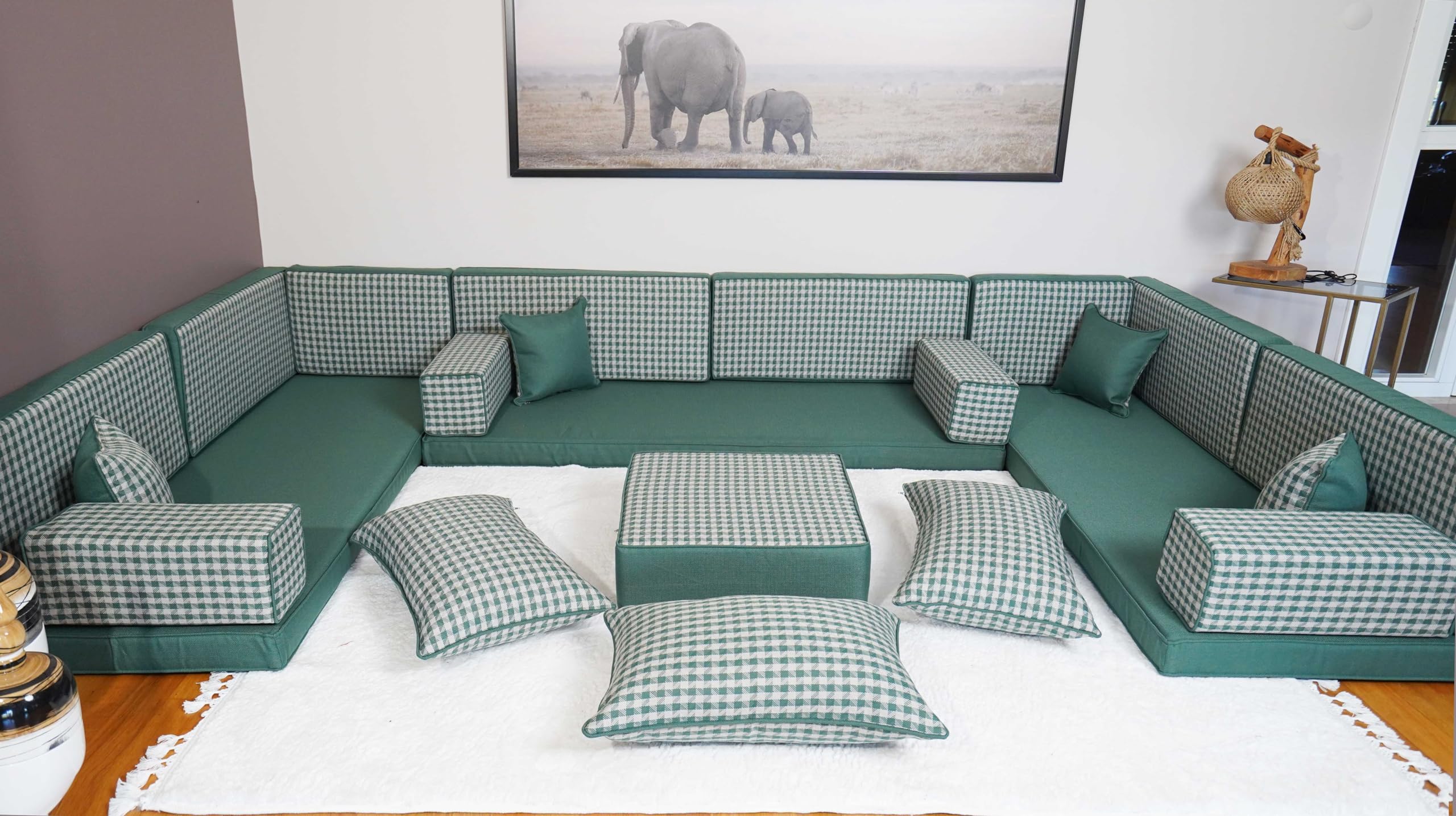 Arabic Floor Cushion, Majlis Sofa, Bench Cushion, Moroccan Sofa Set, Turkish Floor Sofa, Floor Seating, Sofa Set Living Room, Diwan Sofa (4'' Thickness Sofa, U Sofa + Ottoman + Pillows, Green)