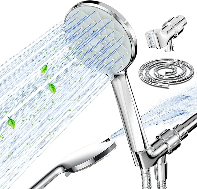 High Pressure Shower Head, Hmtruly Handheld Shower Head with 6 Spray Setting, Detachable Showerhead Set with Stainless Steel Hose, Adjustable Bracket and Built-in Power Wash to Clean Tub, Tile & Pets