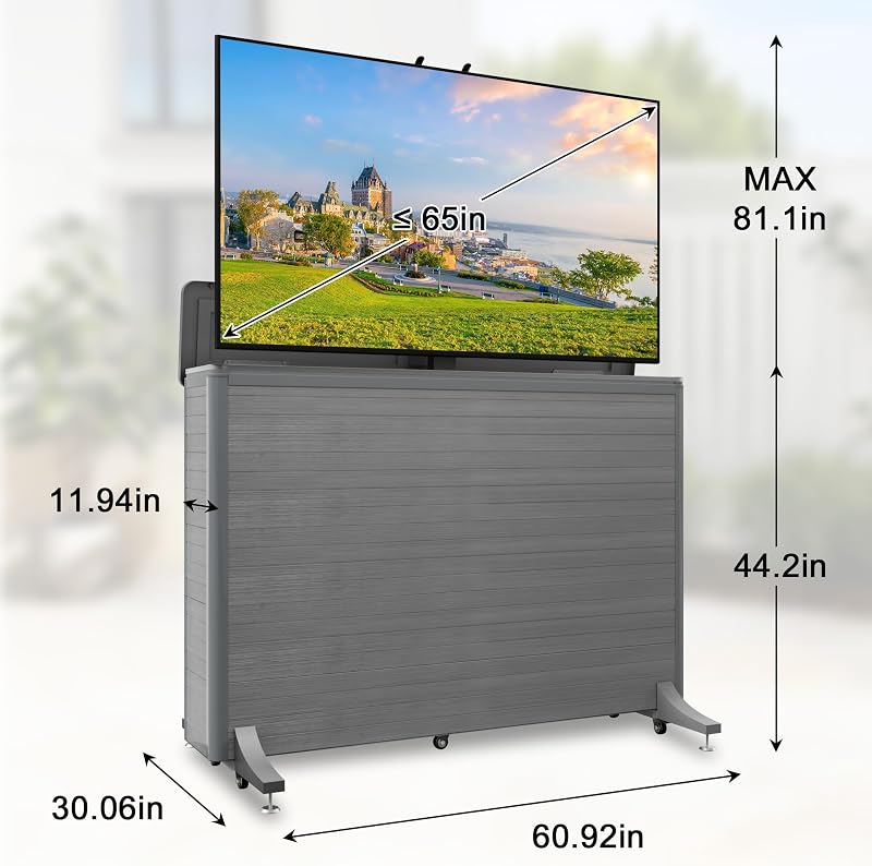 High-Grade Wood-Plastic Composite Outdoor TV Lift Cabinet, Mobile TV Stand on Wheels, Weatherproof Motorized TV Lift Stand, Hidden TV Enclosure for 32-65 Inch Flat Screen TVs image 2