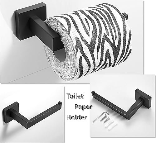 Miniatura 5 de SHUNLI Soporte de papel higiénico negro + soporte para toalla de mano, juego de accesorios de baño de 2 piezas, toallero de anillo para toalla
