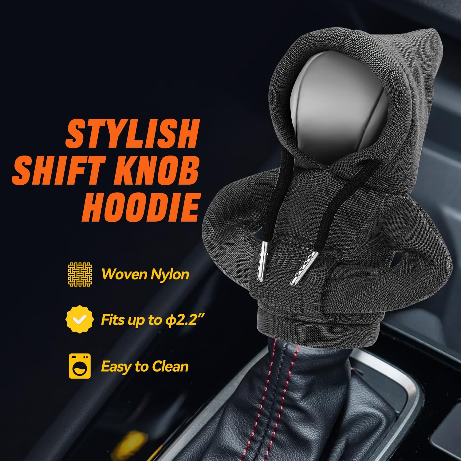 PM PERFORMOTOR Gear Shift Hoodie, Universal Car Shift Knob Cover, Mini Hoodie for Car Shifter, Cute Car Accessories and Decorations, 5.2" X 4.5" Fits Shift Knobs with up to 2.2" Diameter, Black image 2