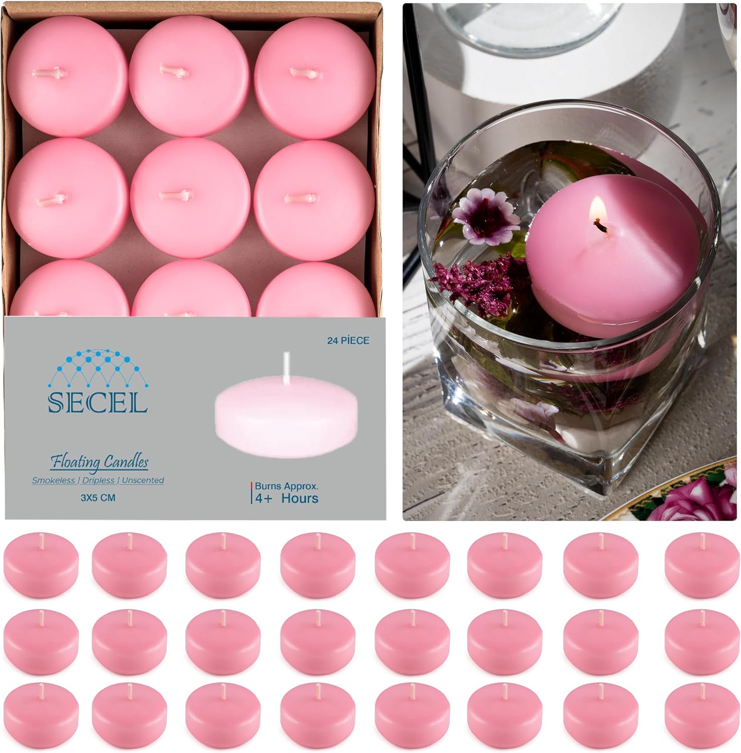Pack of 24 Floating Candles (2-Inch) — 4+Hours Paraffin Wax 100% Cotton Wick Dripless & Smokeless Home Decor, Wedding Decorations, Valentine Decors, Birthday Dinners, Celebrations (Pink, 24 Pieces)