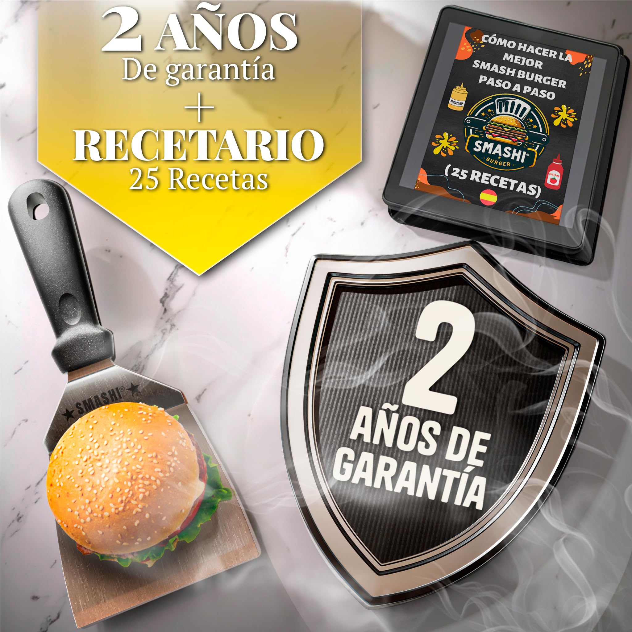 SMASHI® Zestaw Smash Burger Stal Nierdzewna 304 – Młotek, Szpatułka Smash, Pokrywa Smash, Prasa do Hamburgerów i Papiery Antysklepowe | Zestaw Profesjonalny do Kuchni, BBQ i Restauracji (ZAAWANSOWANY)
