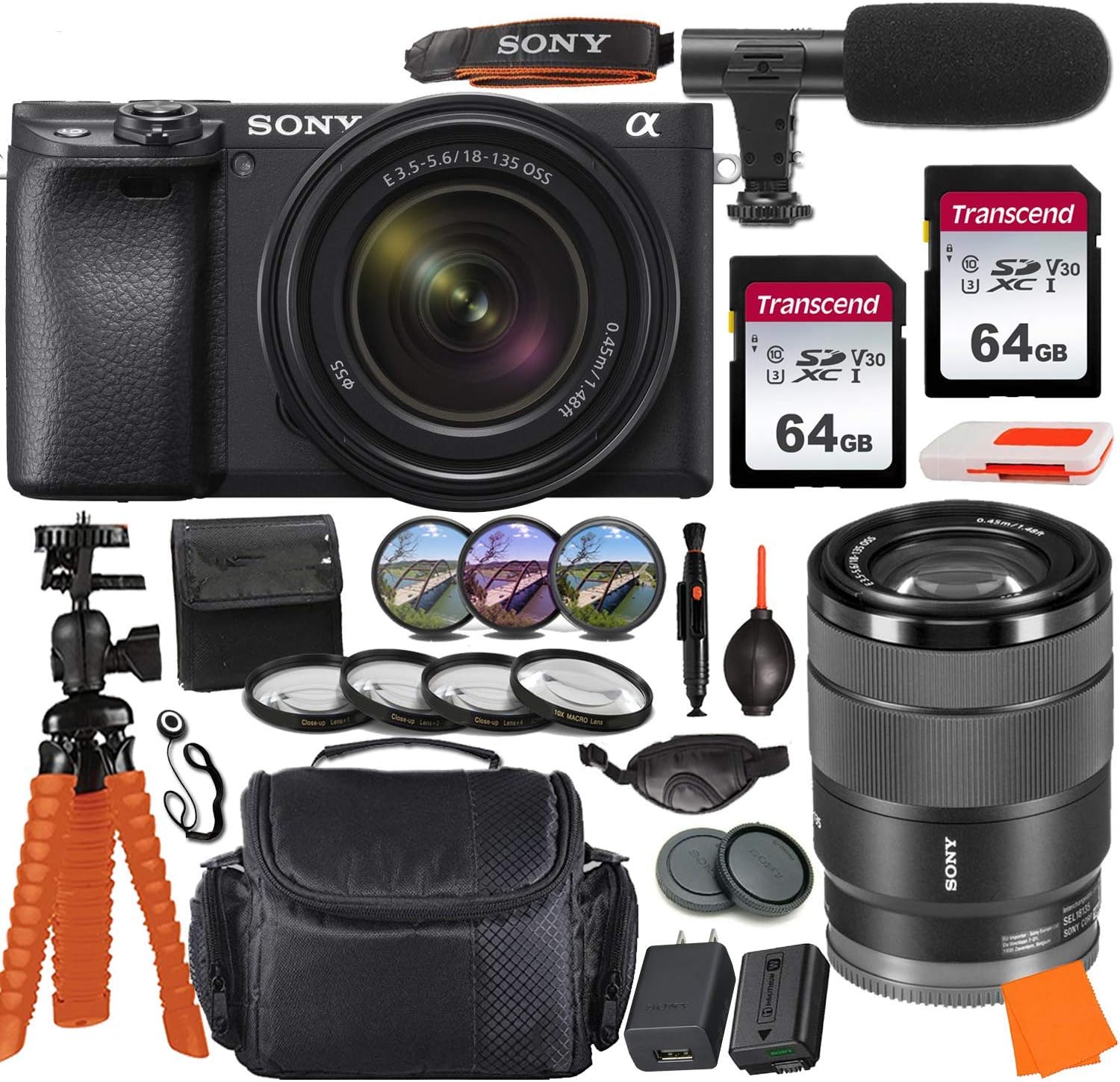 Sony Alpha a6400 Mirrorless Digital Camera with 18-135mm Lens & Pro Accessory Bundle incl. 2X 64GB Transcend Memory Card, Gadget Bag, UV-CPL-FLD Filters and Macro Kits and More